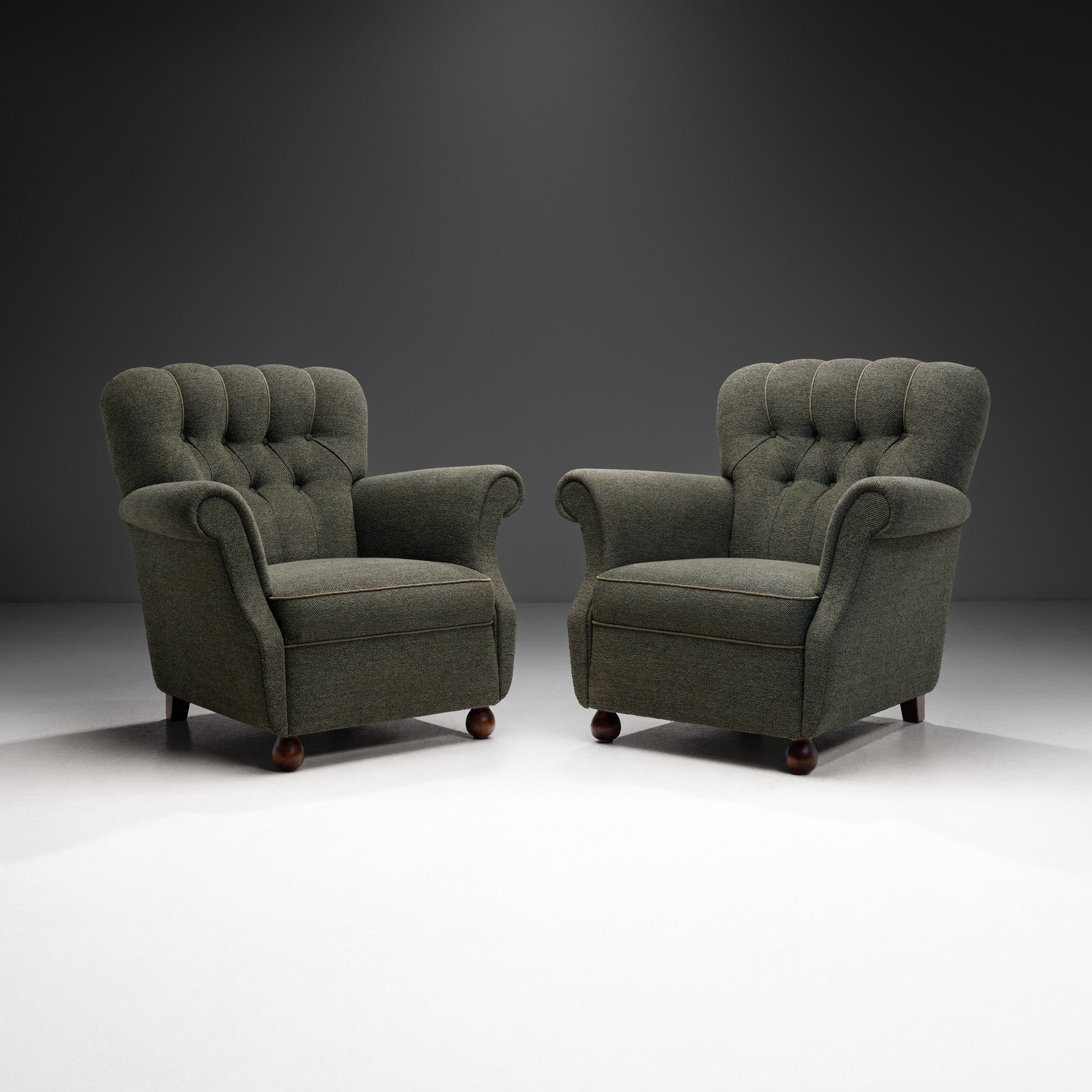 Pair of Dark Green Upholstered Armchairs, Scandinavia 1950s