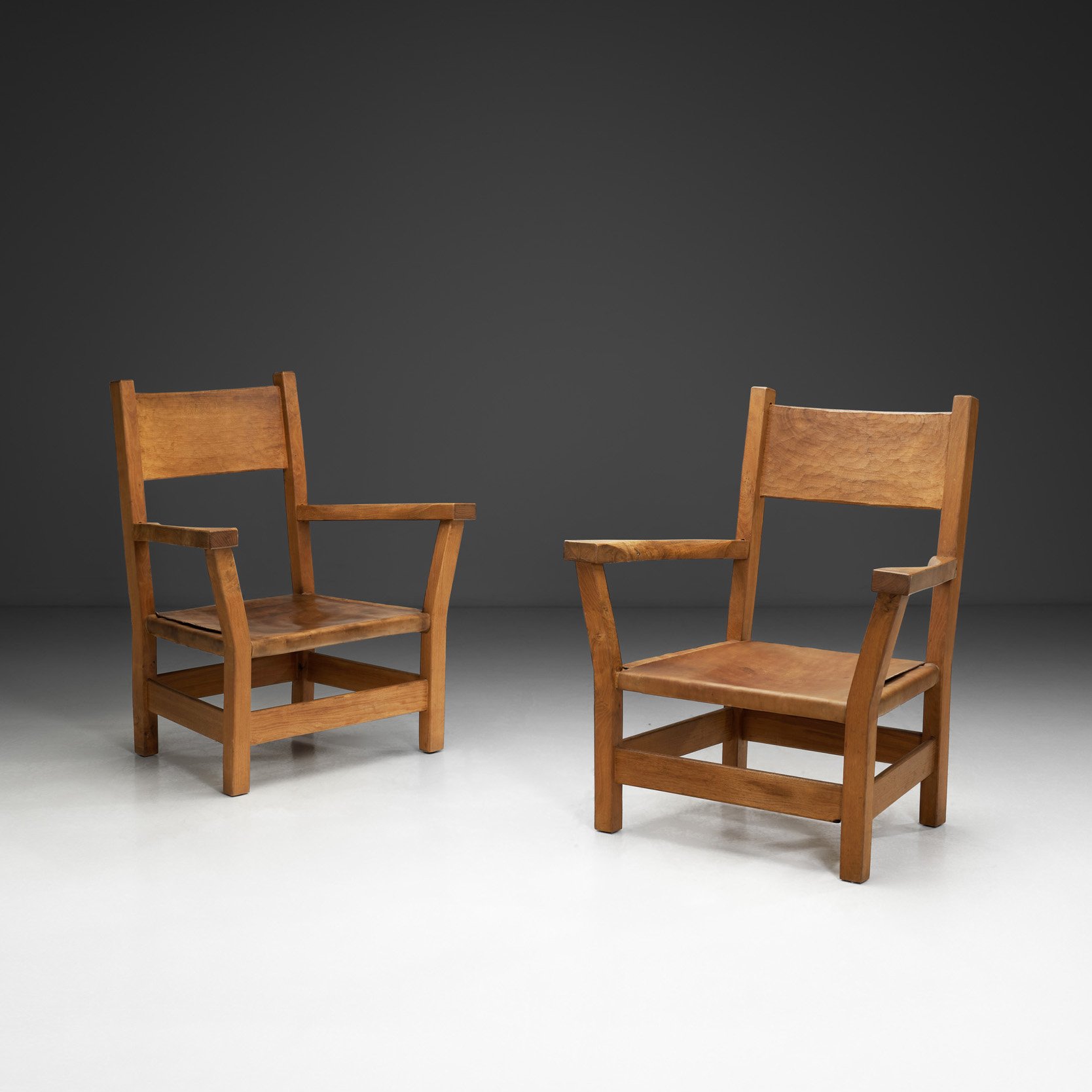 Pair of Brutalist Armchairs with Leather Seats, Europe 1970s