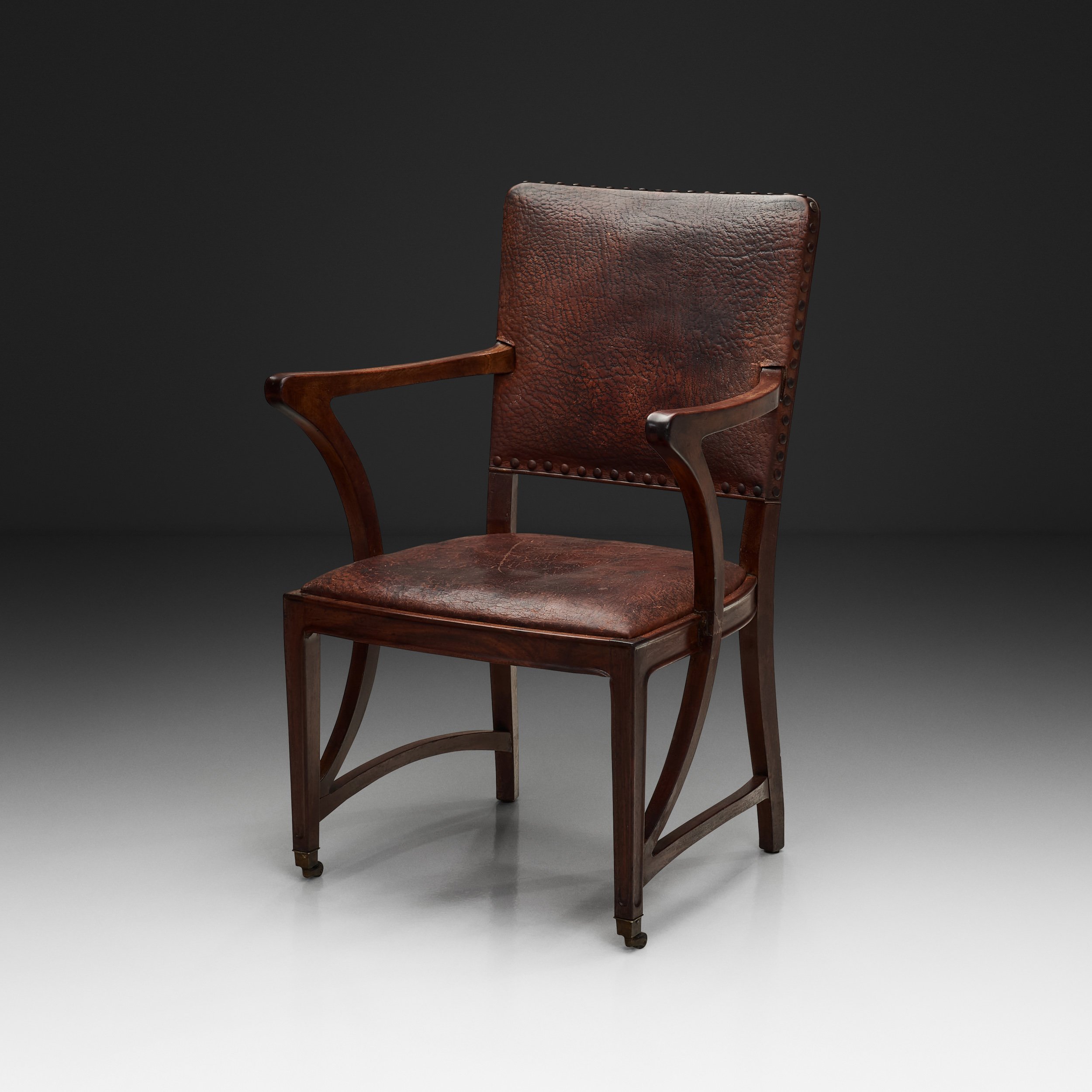 Art Nouveau Armchair with Wheels and Leather Seat, Europe 1910s