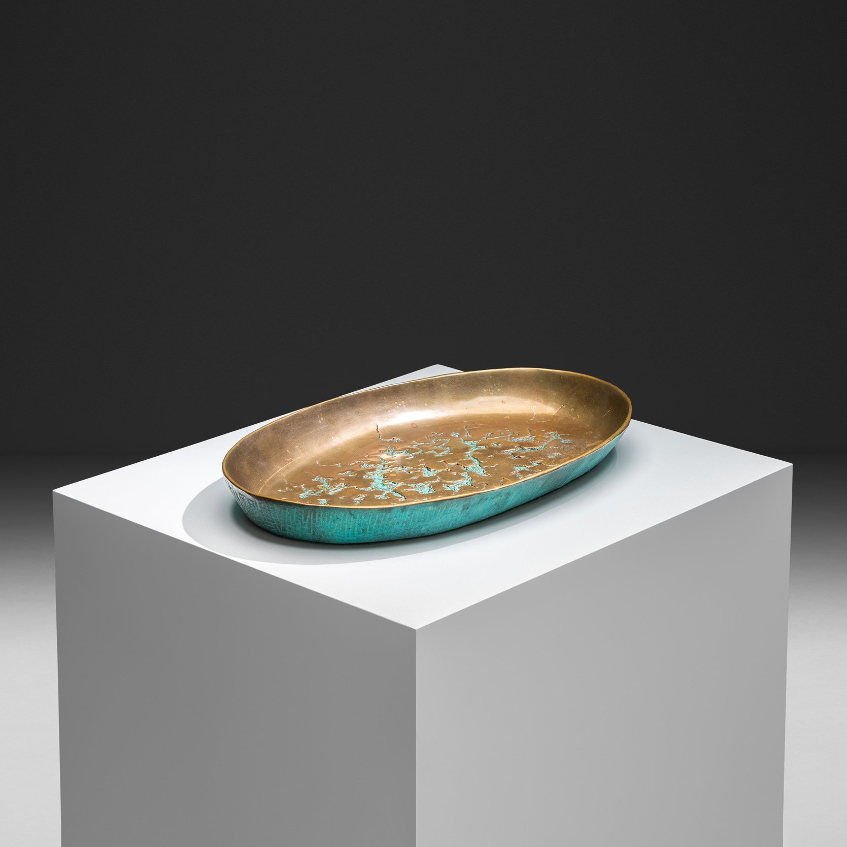Oval Brass Bowl with Turquoise Accent Details for Valenti, Spain ca 1960s