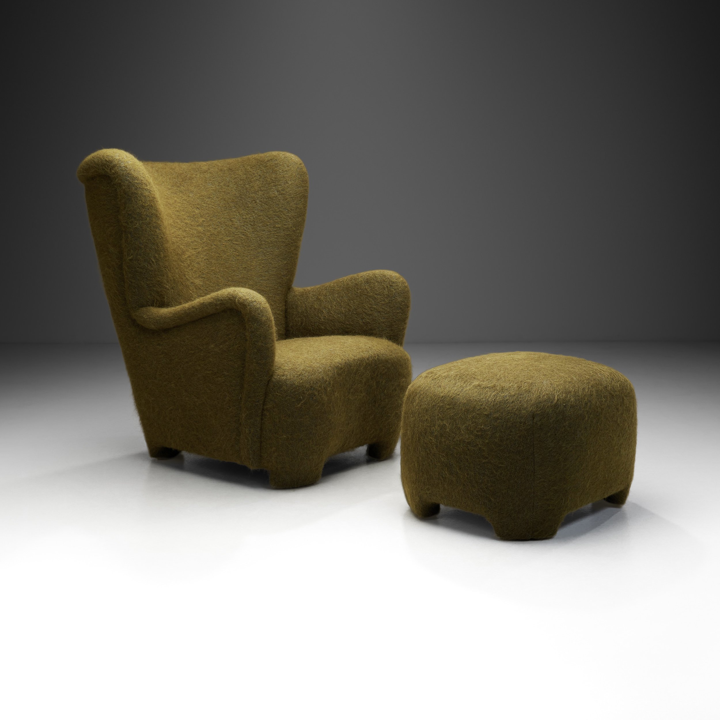 Danish Lounge Chair and Footstool in Moss Green Upholstery, Denmark ca 1940s (sold)
