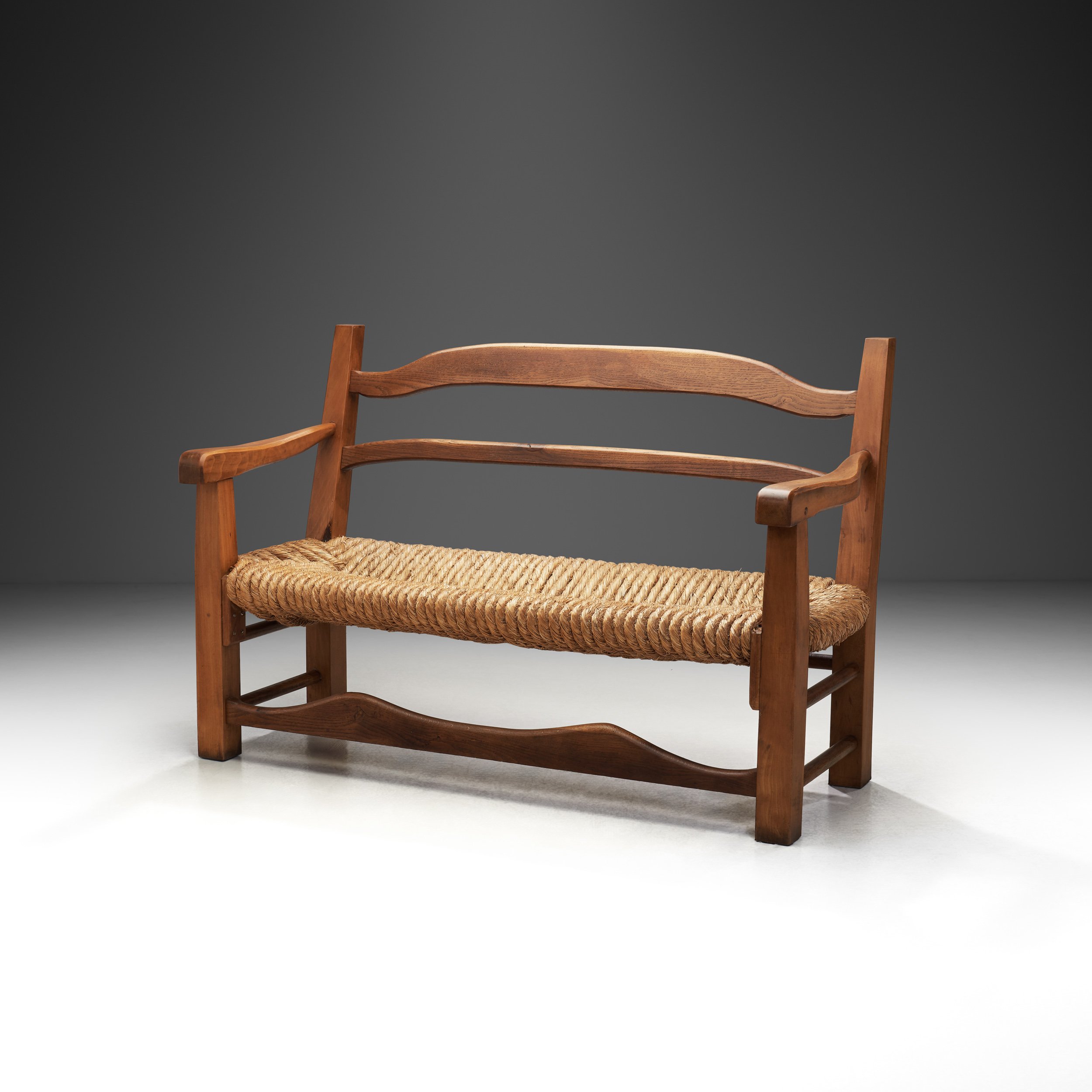 Oak Bench with Woven Rush Seat, France 1950s (sold)