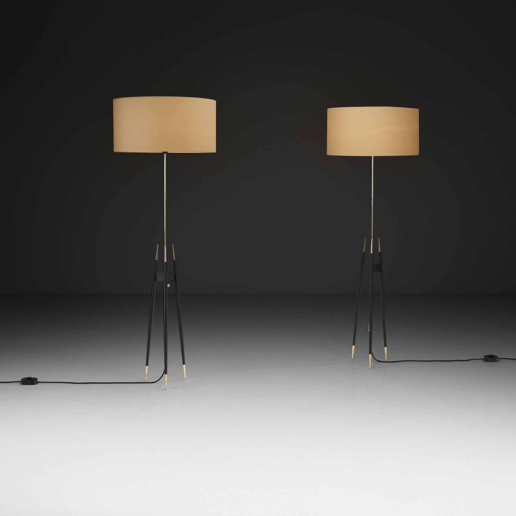 Pair of Brass and Black-lacquered Metal Tripod Floor Lamps by Svend Aage Holm-Sørensen, Denmark ca 1950s