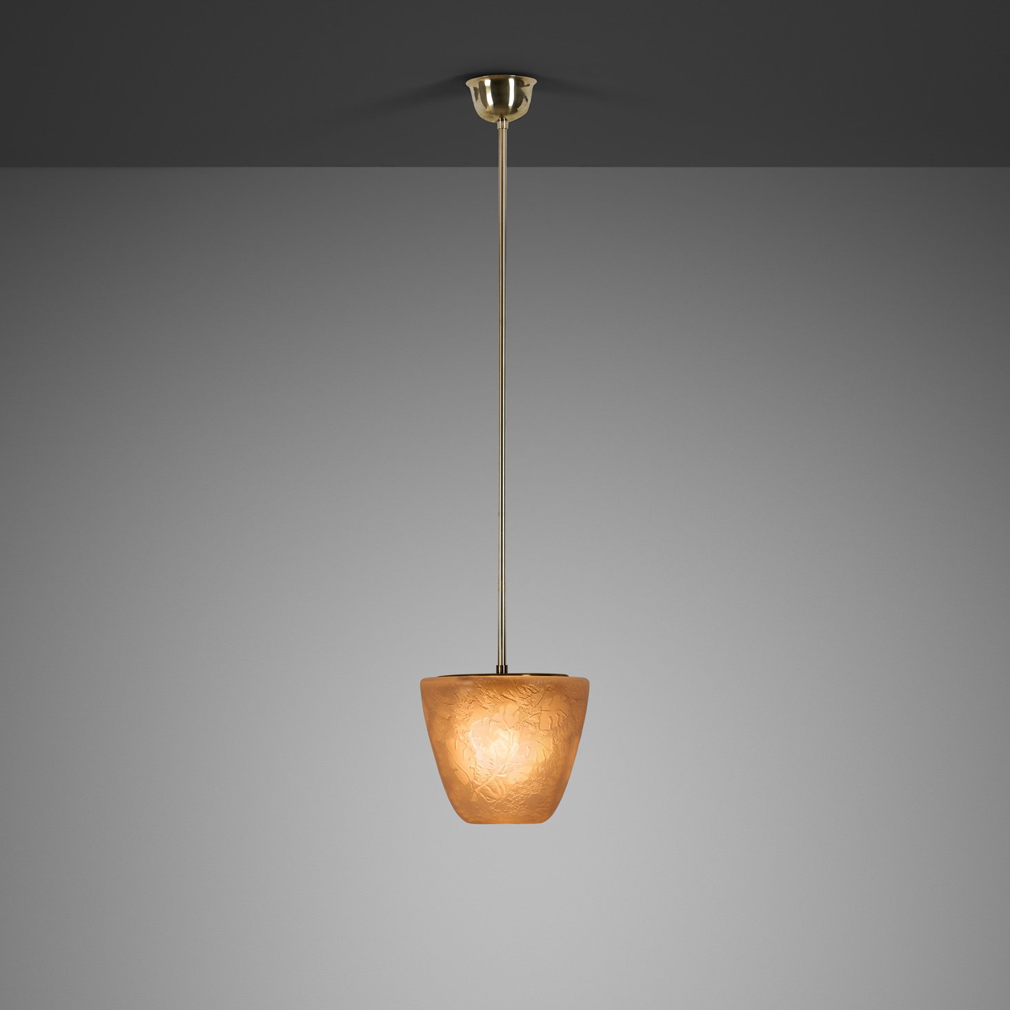 Brass Pendant Light with Etched Glass Shade with Leaf Motif, Europe Mid-20th Century