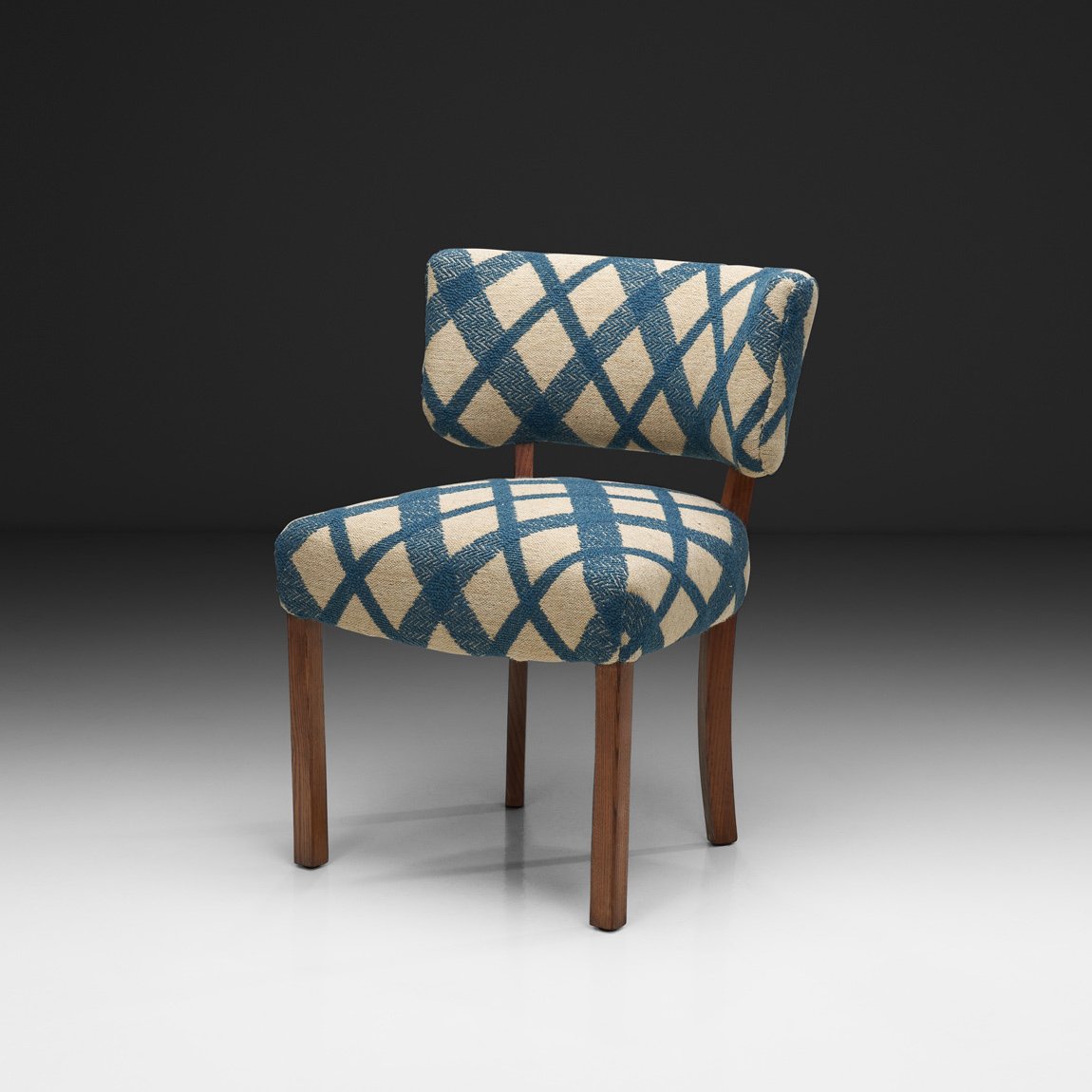 Danish Cabinetmaker Dressing Chair with Blue and Ivory Patterned Upholstery, Denmark 1930s
