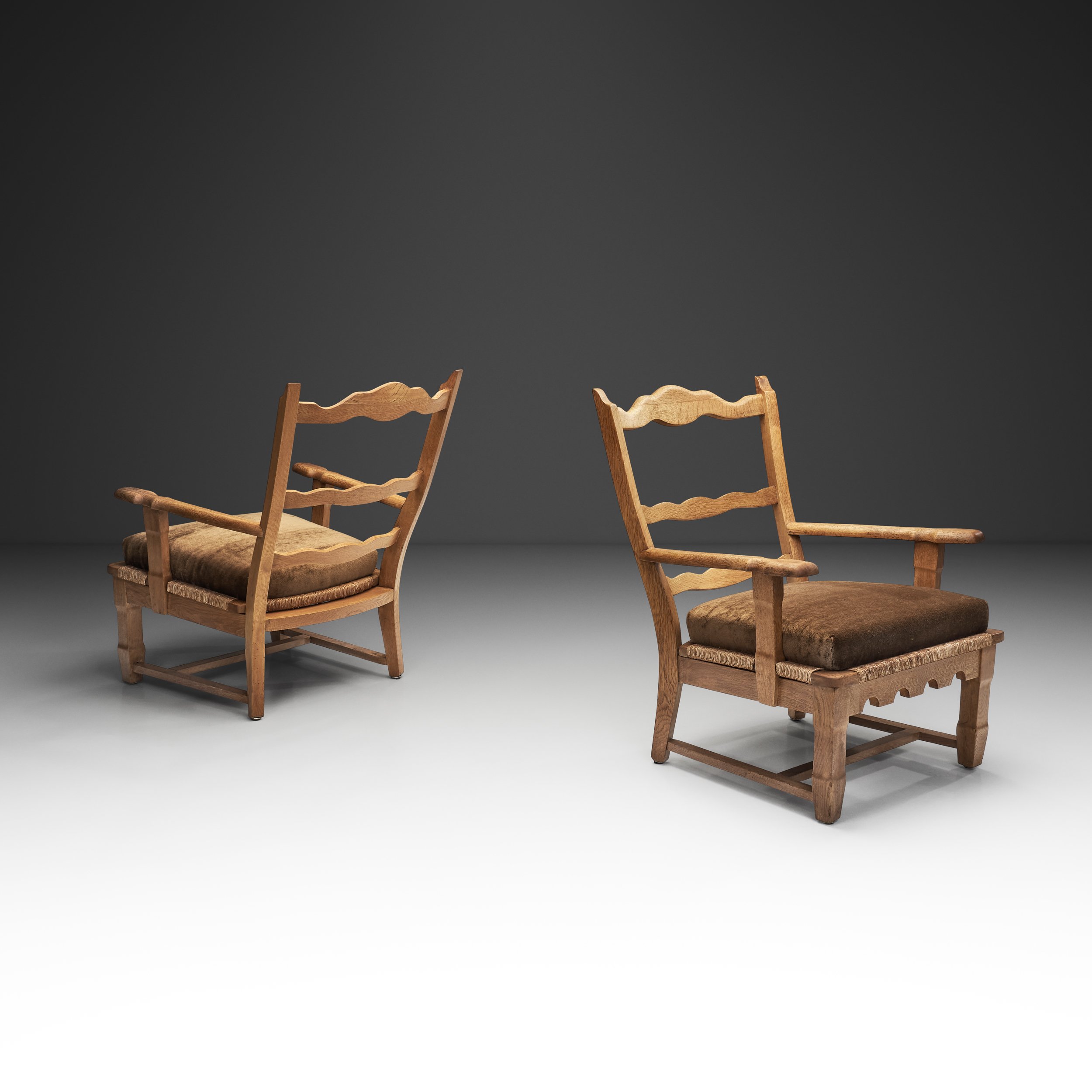 Pair of Oak and Mohair Armchairs by Henning Kjaernulf (Attr.), Denmark 1960s