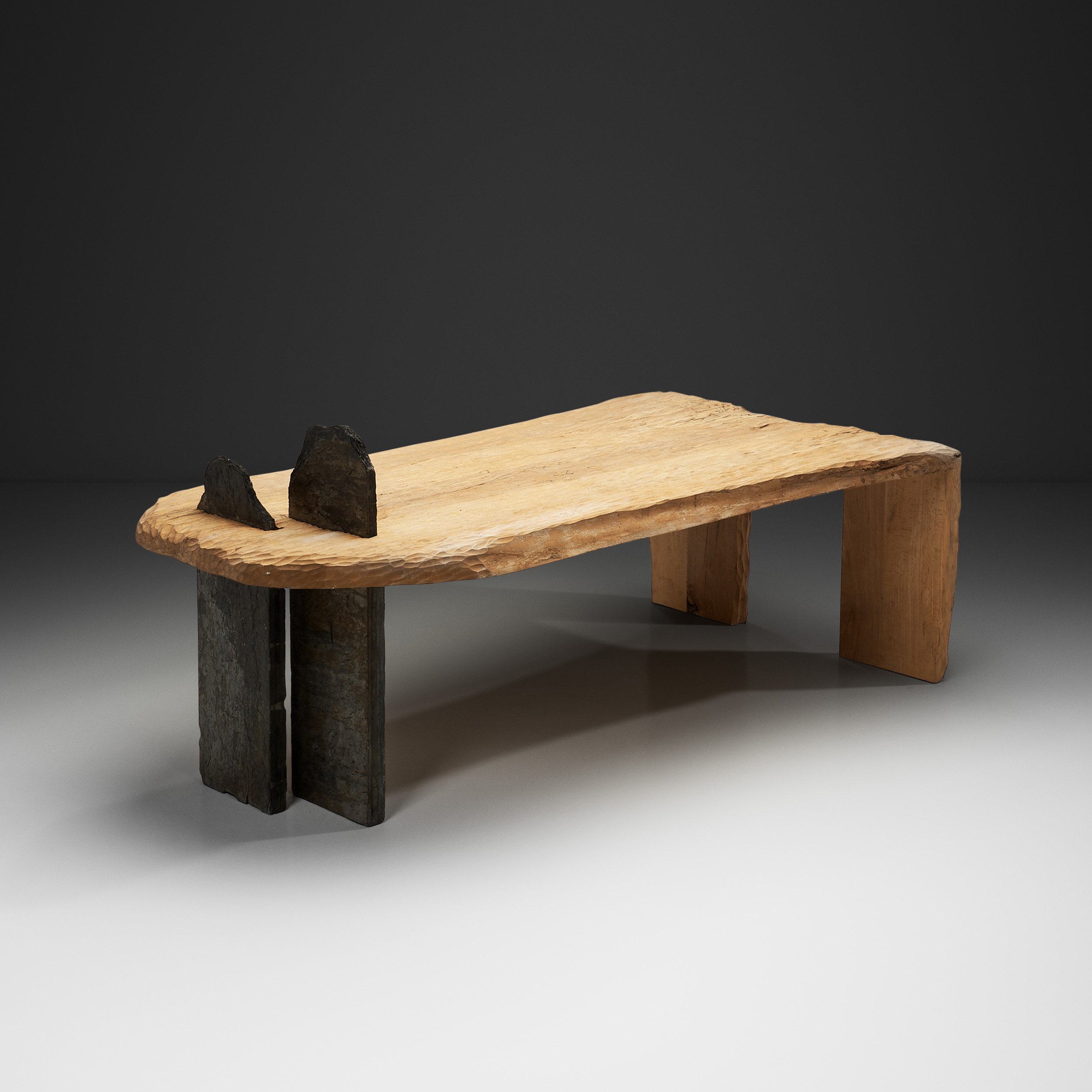 Sculptural Coffee Table with Artisan Wood Etching and Slate Legs, Europe ca 1990s