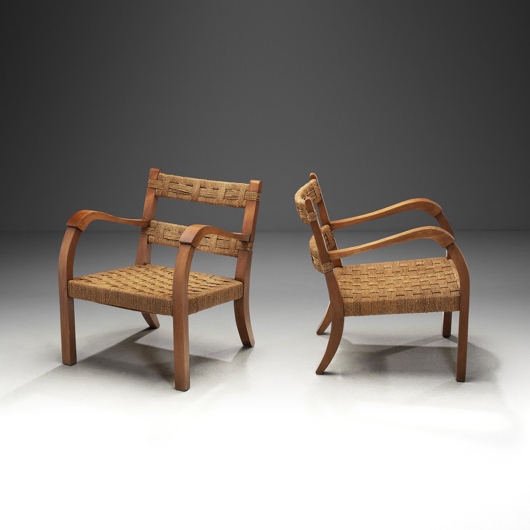 A Pair of Wood and Rattan Armchairs, Italy Mid-20th Century (sold)