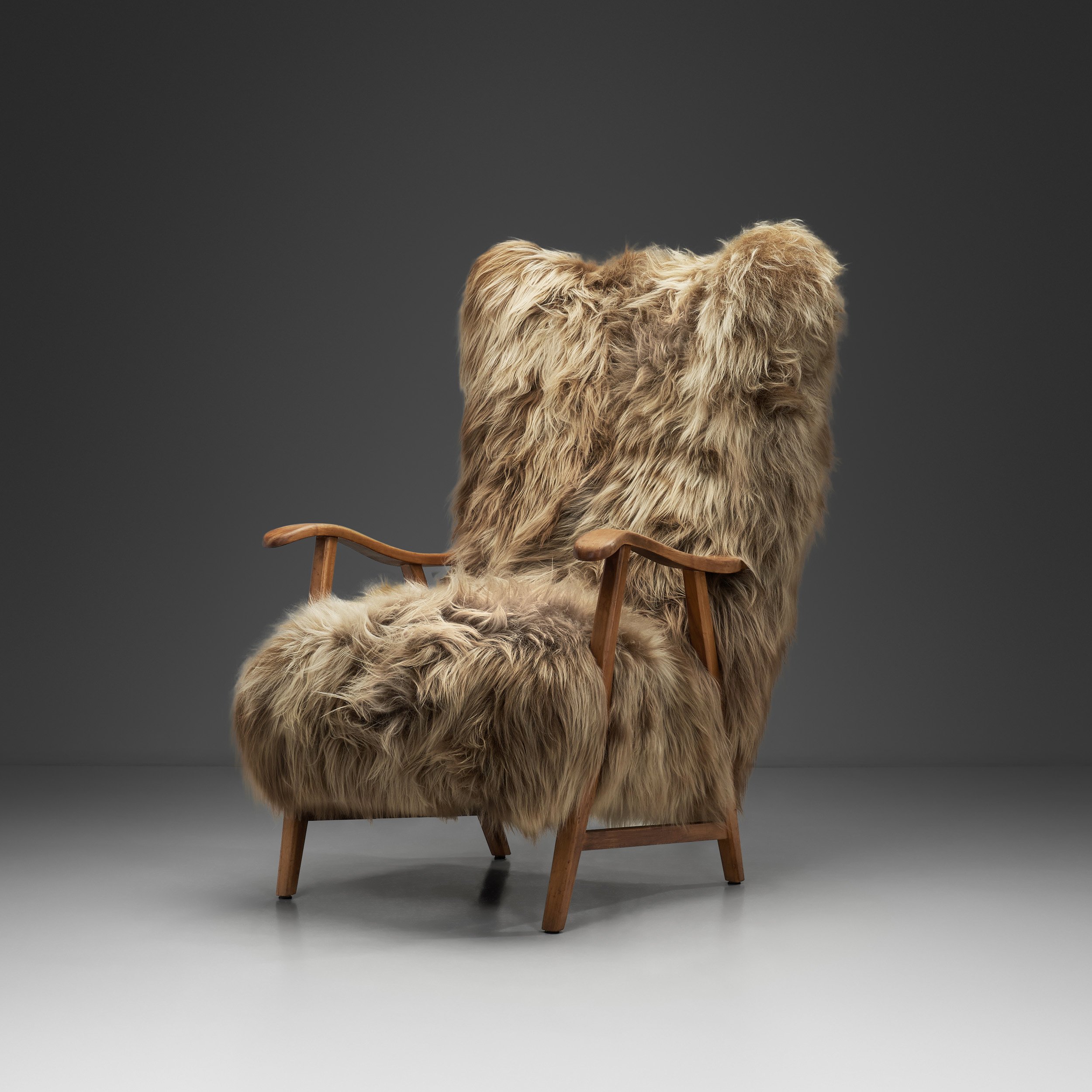 Wingback Armchair in Brown Longhair Sheepskin, Denmark 1960s