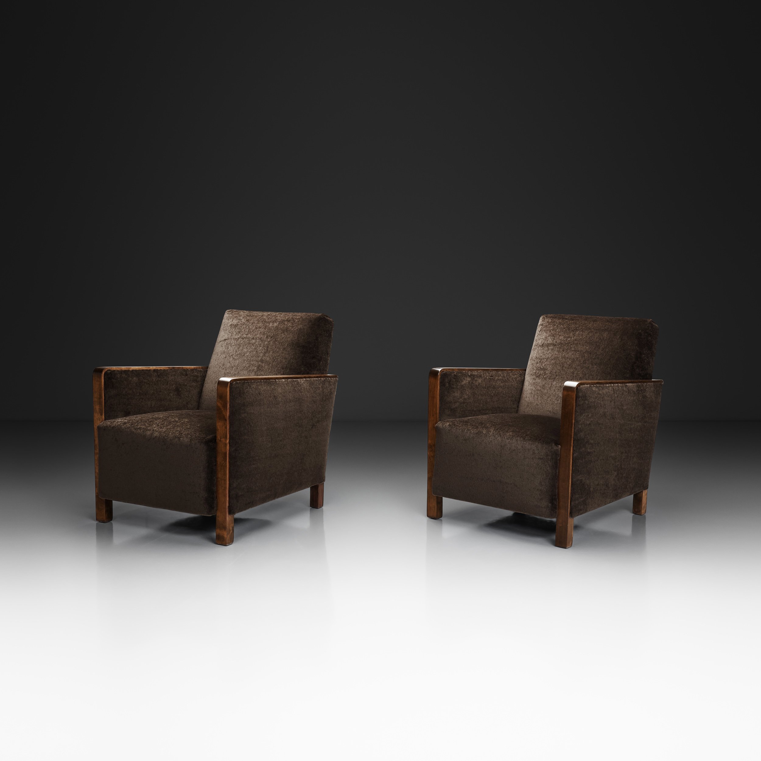Pair of Birch Armchairs with Brown Upholstery, Sweden 1930s