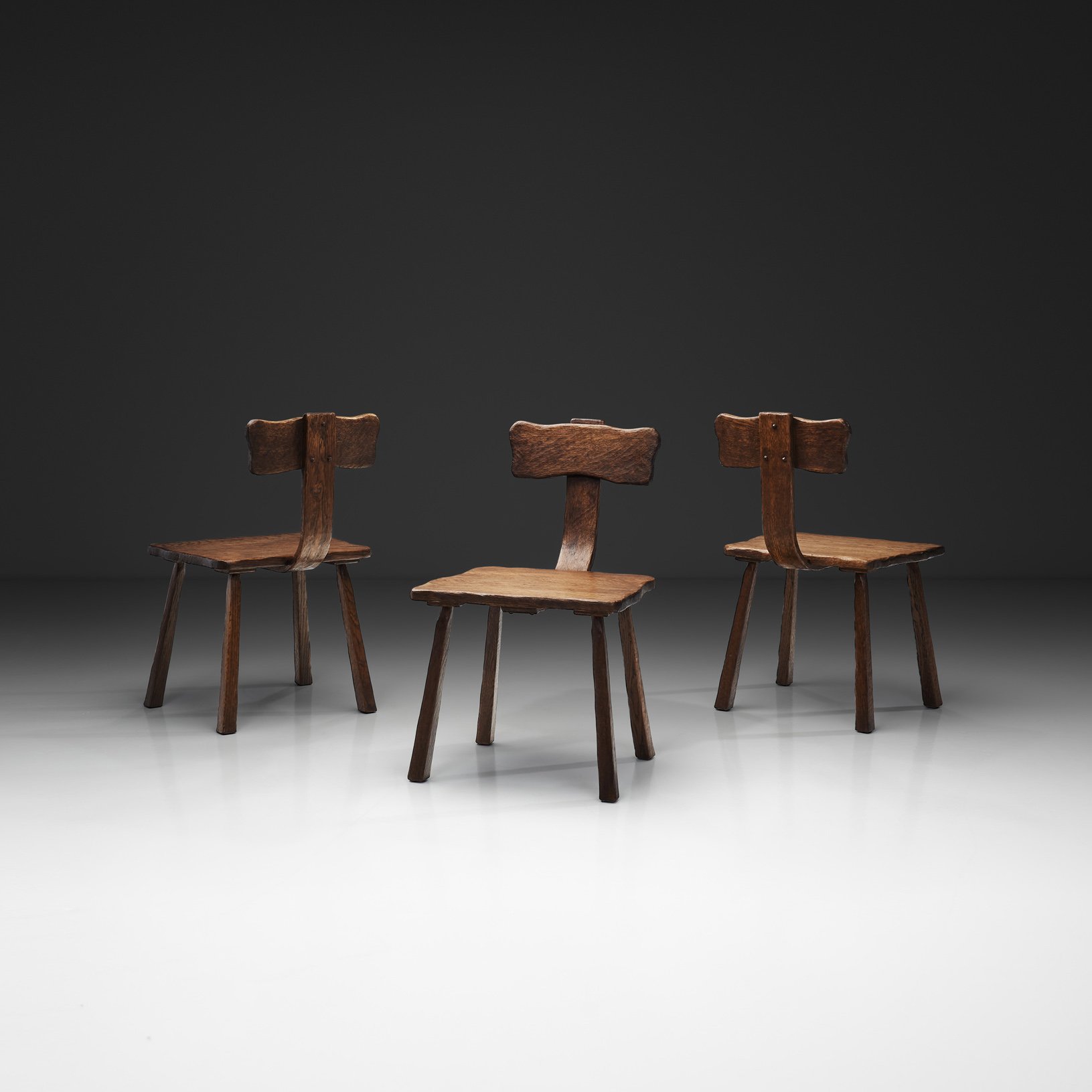 Set of Three Rare Handcrafted Wooden Chairs, Europe Mid-20th Century