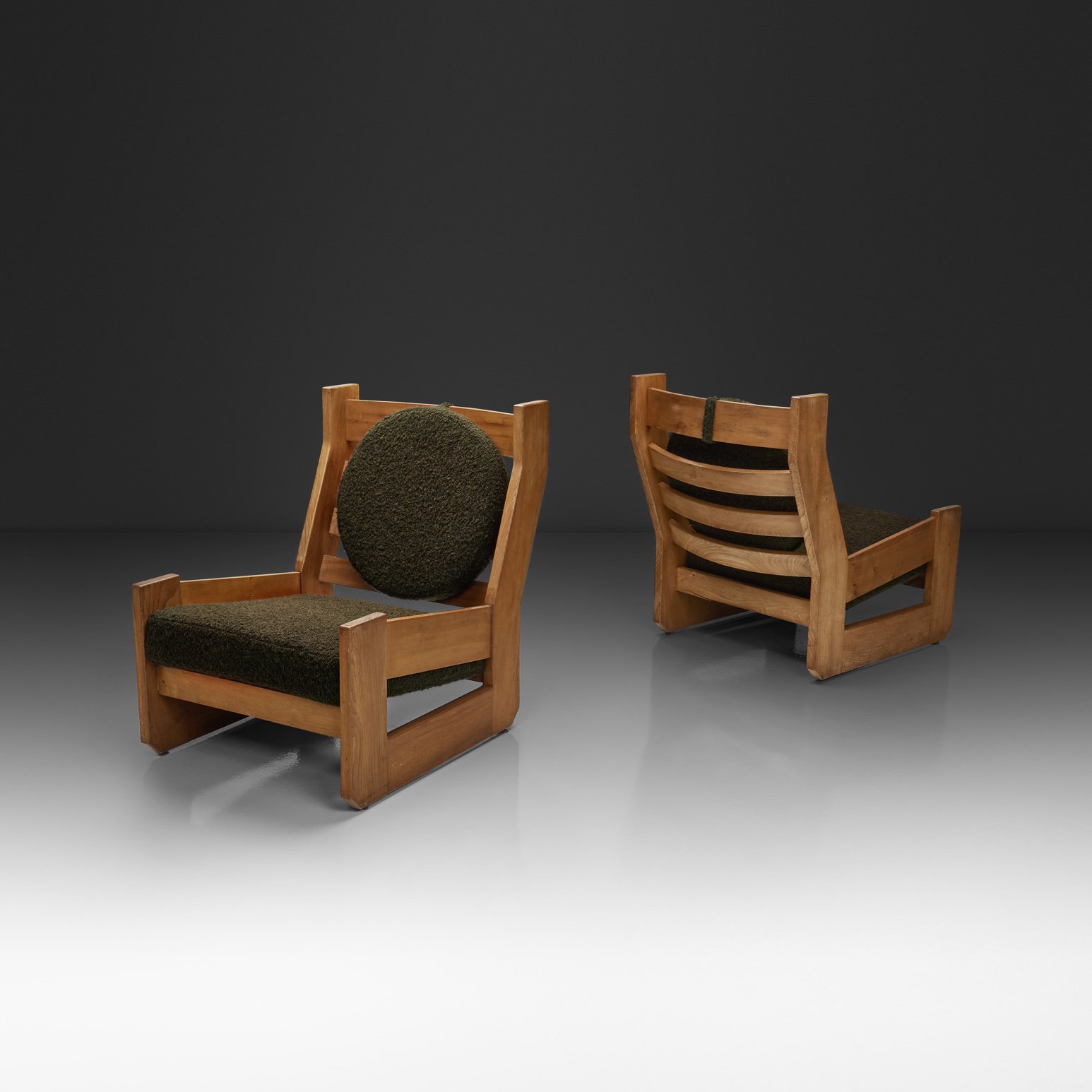 Pair of Sculptural Solid Elm Armchairs by Maison Regain, France Second half of the 20th Century