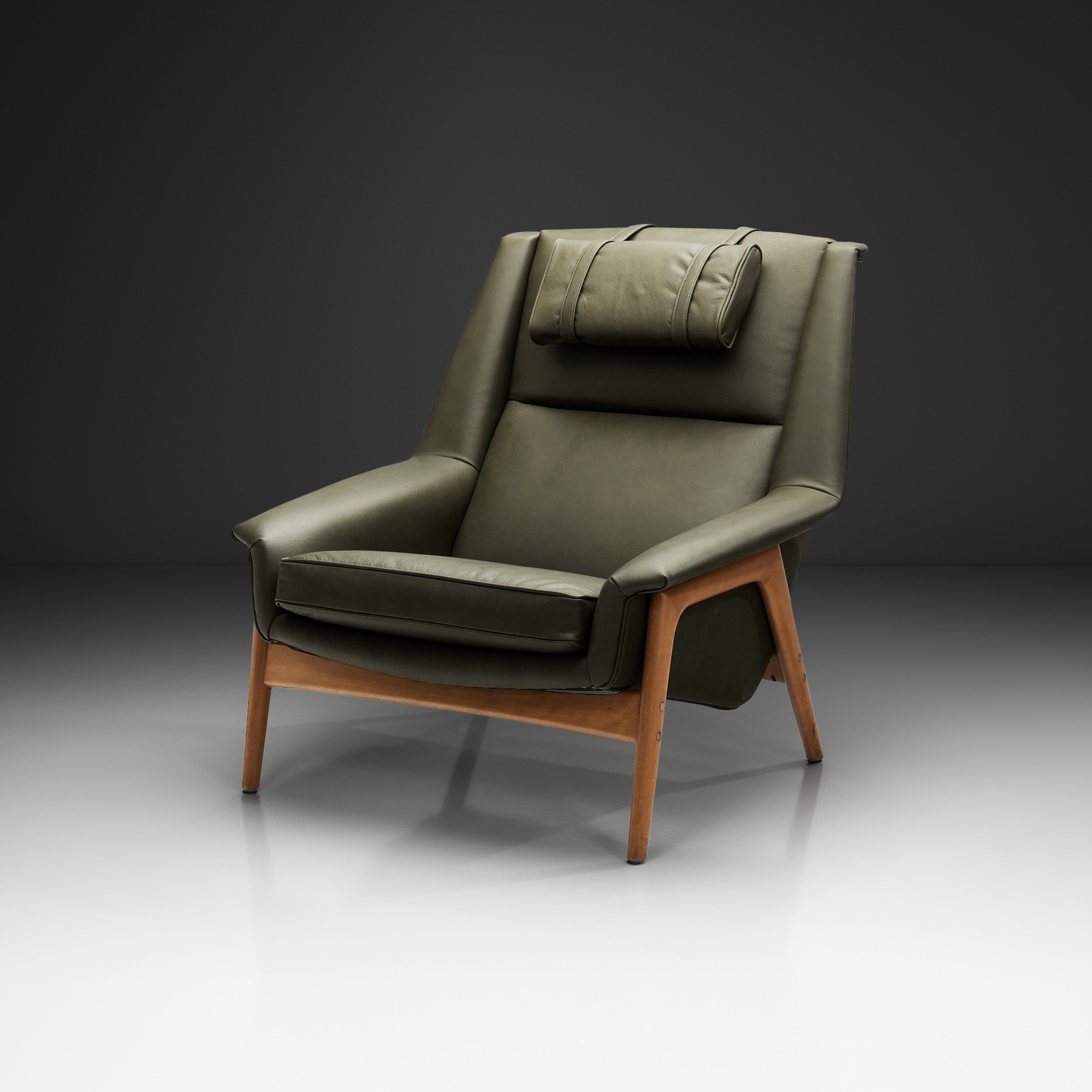 Green Leather Armchair with Sculptural Wood Framing, Europe Mid-20th Century