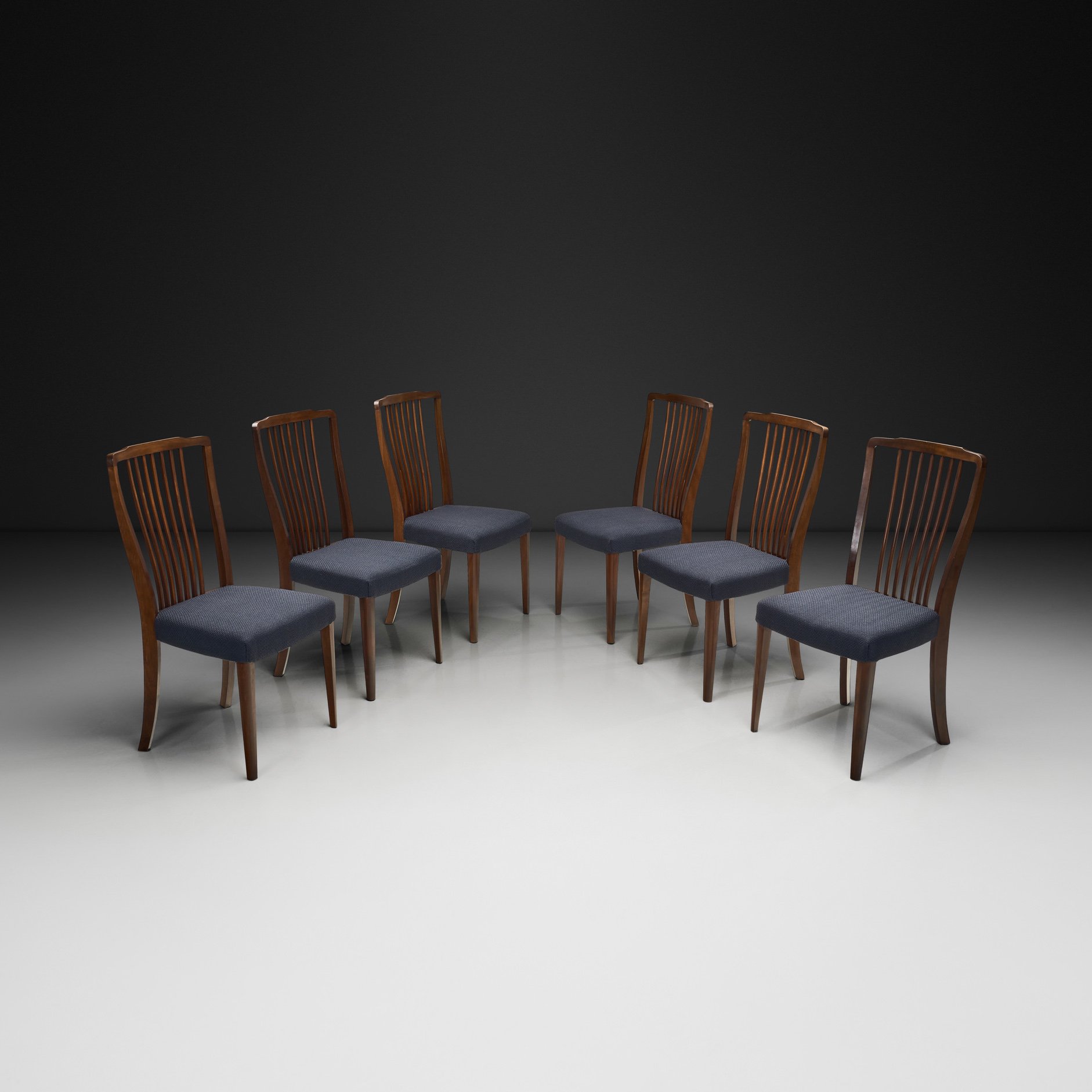 Set of Six Scandinavian Slat Back Dining Chairs, Denmark ca 1940s