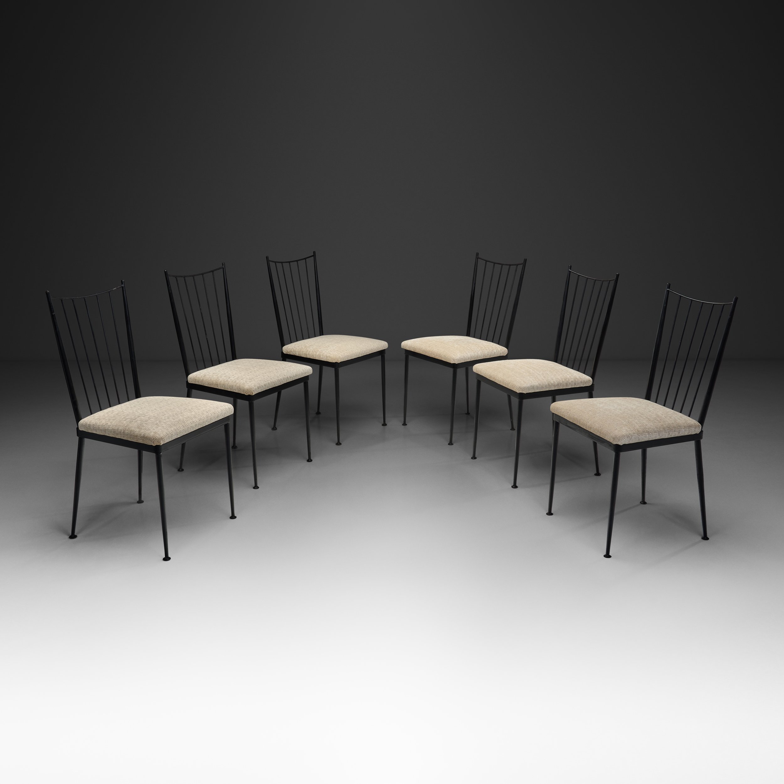 Set of Six Decorative Lacquered Metal Dining Chairs, France 1950s