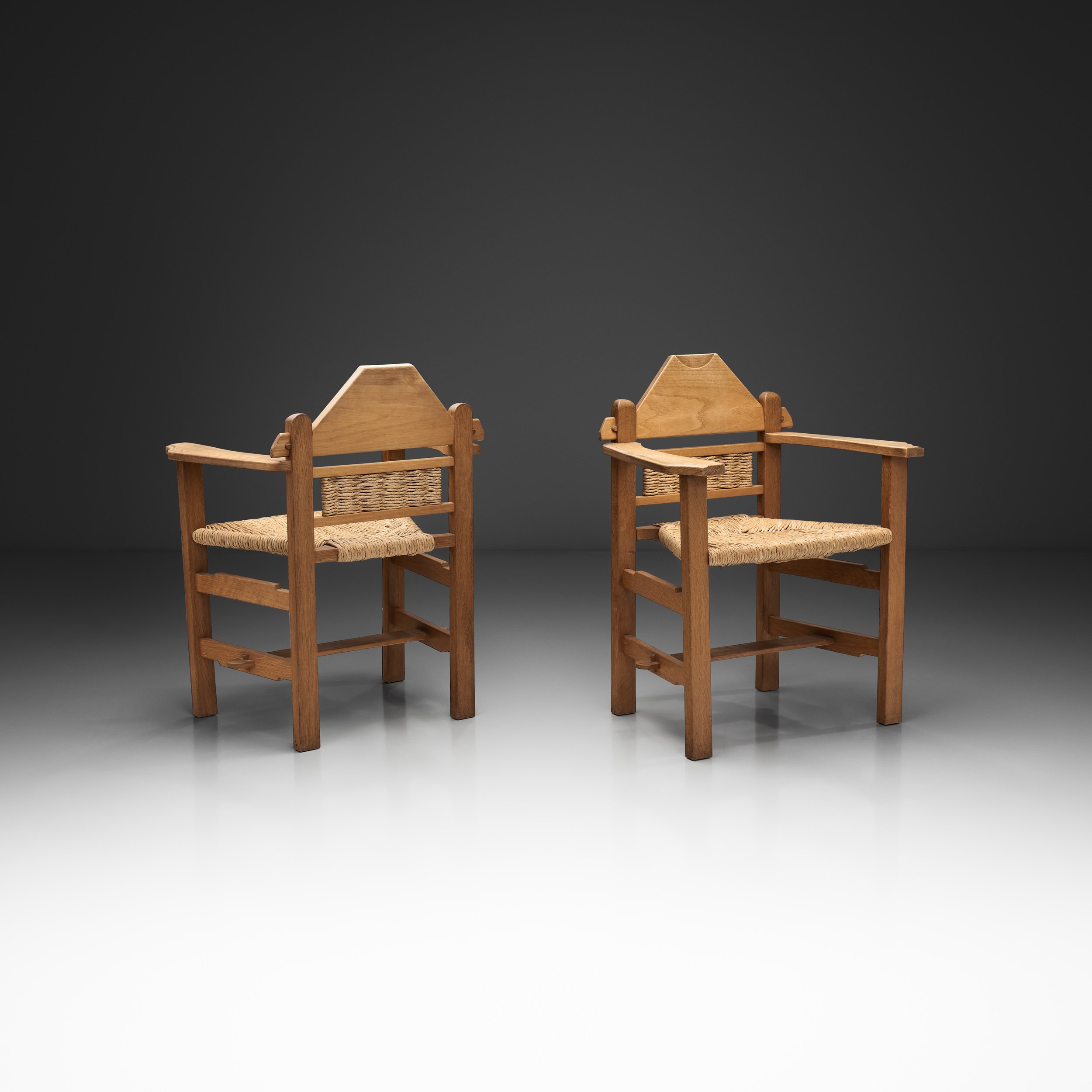 Pair of Geometric Armchairs with Woven Wicker Elements, Europe Mid-20th Century