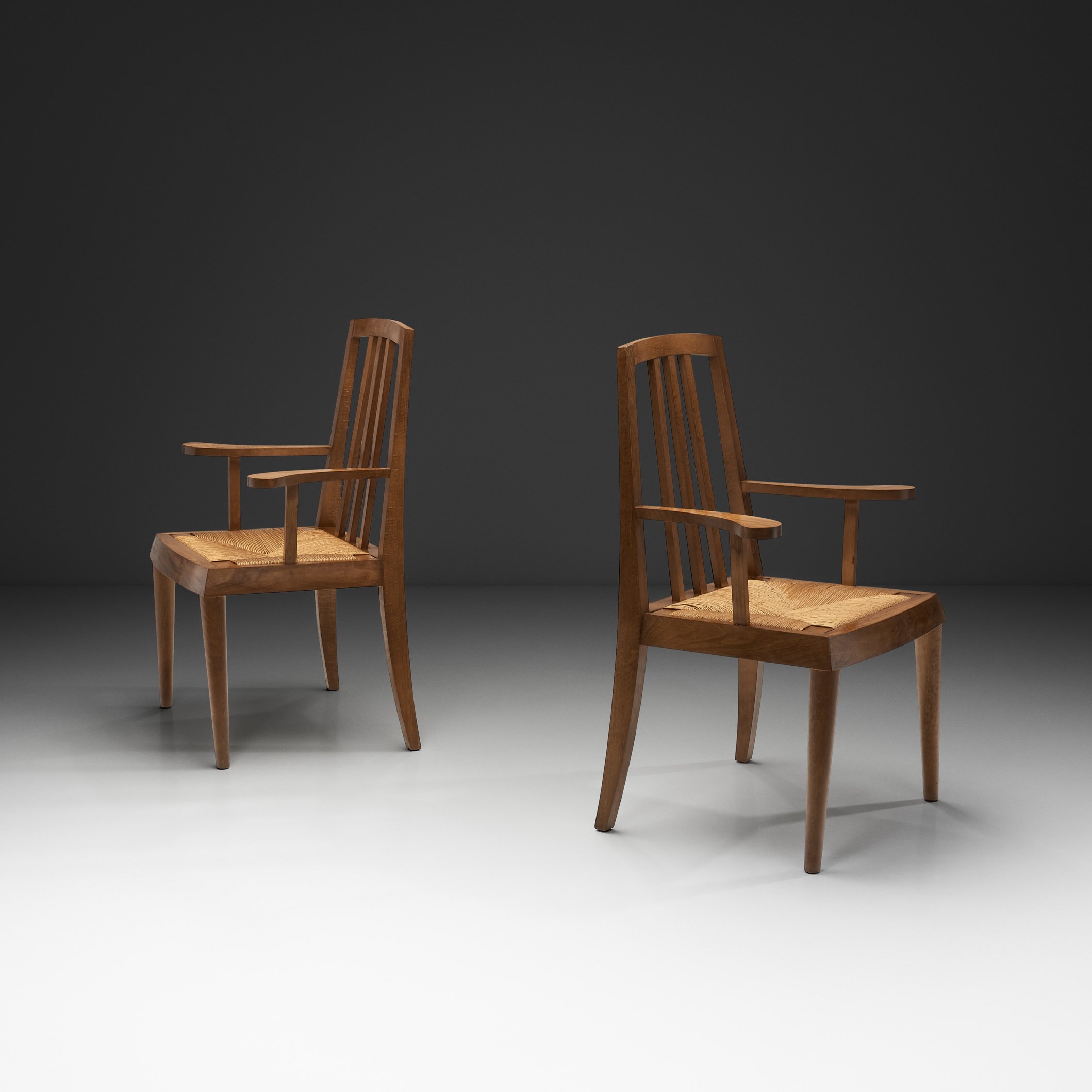 French Mid-Century Modern Armchairs with Rush Seats, France 1960s