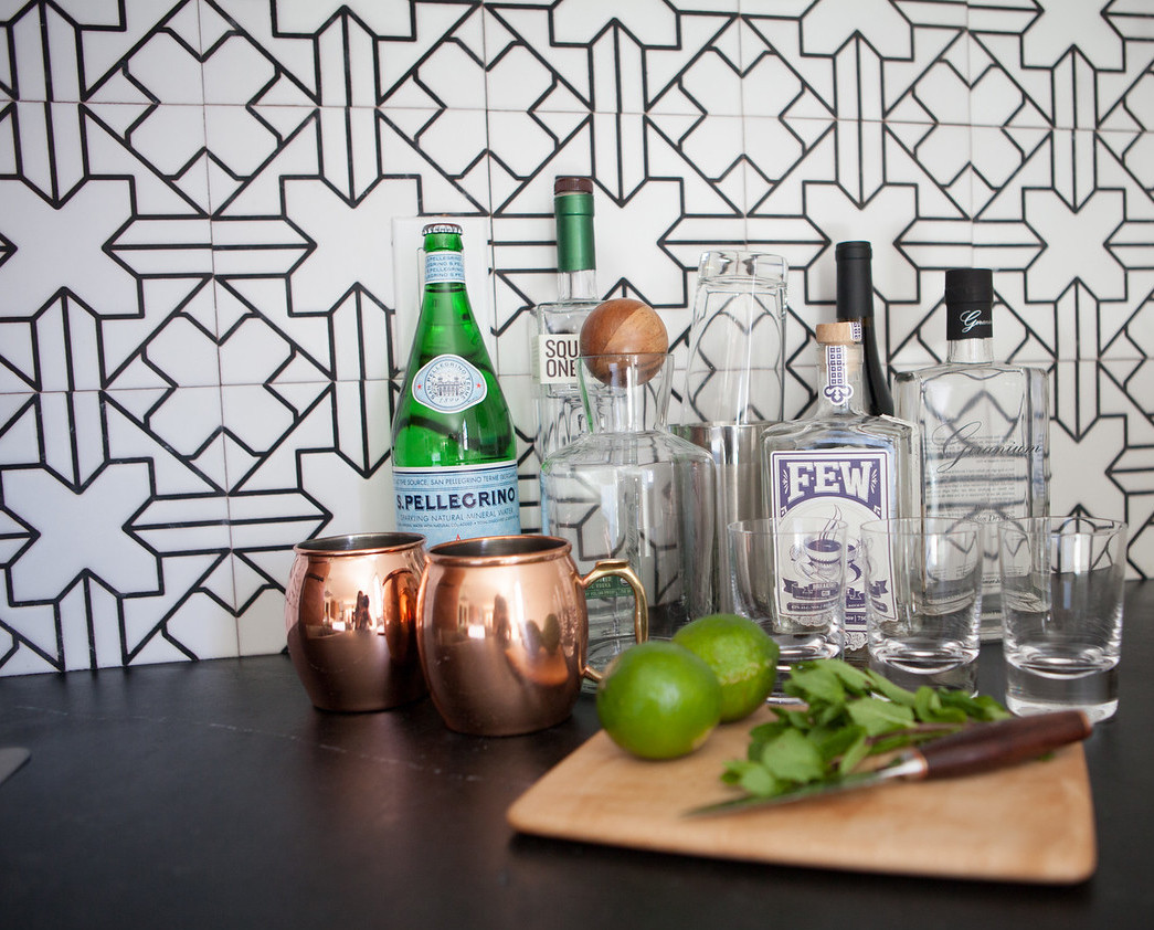 After: A new Bar Area features hand-painted tiles from San Francisco-based Fireclay Tile.
