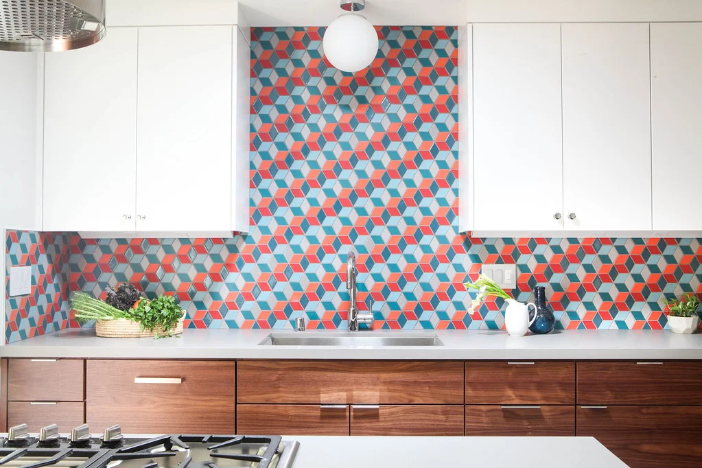 A custom pattern utilizing Heath Ceramics mural collection, in mid-century inspired color palette.