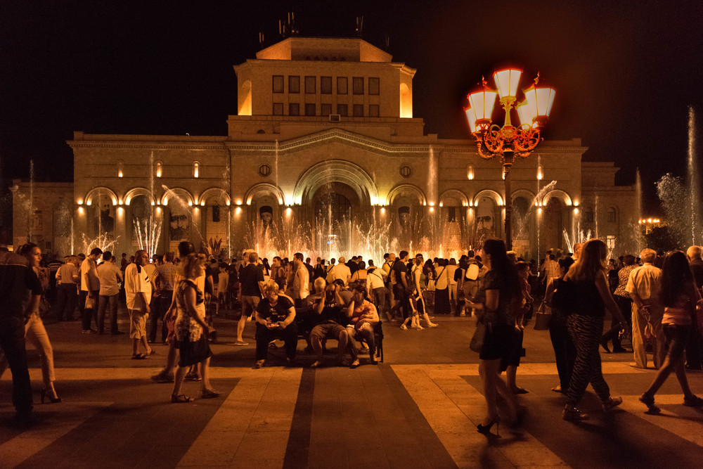 Music, lights, and tourists at Republic Square