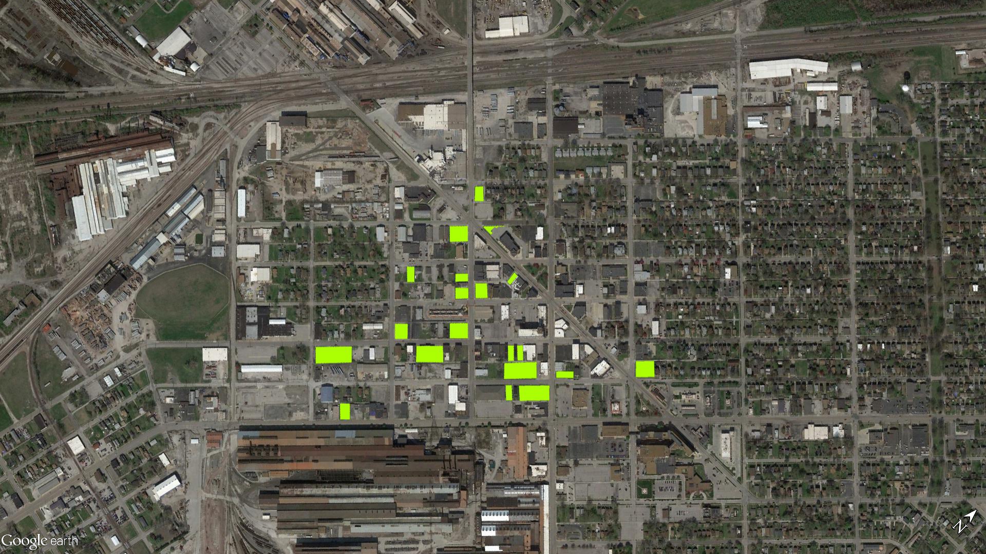 Downtown Granite City, Illinois. Green indicates a selection of empty lots. 