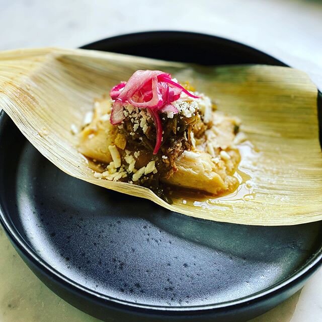 We hope everyone is enjoying their rajas tamales today! They are stuffed with queso fresco, jalepenos, onions, tomatoes &amp; fresh epizote leaf. Then we top them with chili pork verde, cotija cheese &amp; pickled red onions. It&rsquo;s also great wi