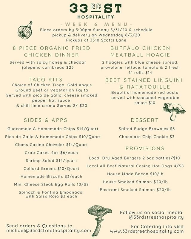 Check out the week 6 menu! #Friedchicken is back by popular demand!! Get your orders in by this Sunday 5:00pm and schedule #contactless pickup or delivery Wednesday!! #bacon #scratchmade #delivery #pickup #phillytakeout -#phillyeatsgood