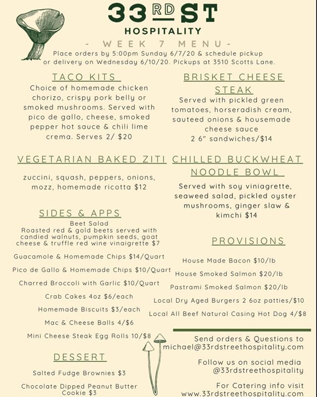 The menu for week 7 is here! Next week we have some great stuff like our #brisketcheeseateak &amp; homemade chicken chorizo tacos!! Order by Sunday at 5:00pm and schedule #contactless pickup or delivery next Wednesday! #phillyeats#contactlessdelivery