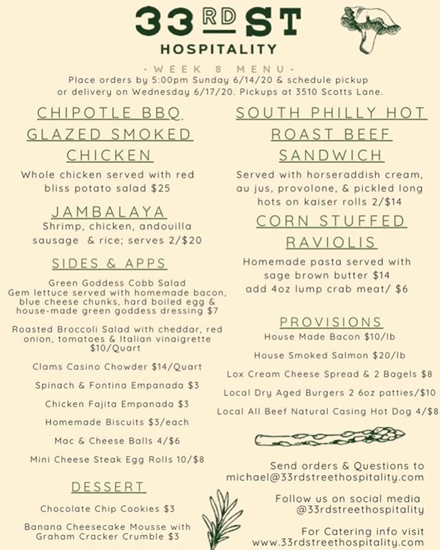 The week 8 menu is here!!! COME AND GET IT!!!!!! We got #BBQChicken! We got #Jambalaya !! We got Dry Aged #Burgers !! We got house made #bacon !!! #contactlessdelivery #phillyeats #baconlovers #catering