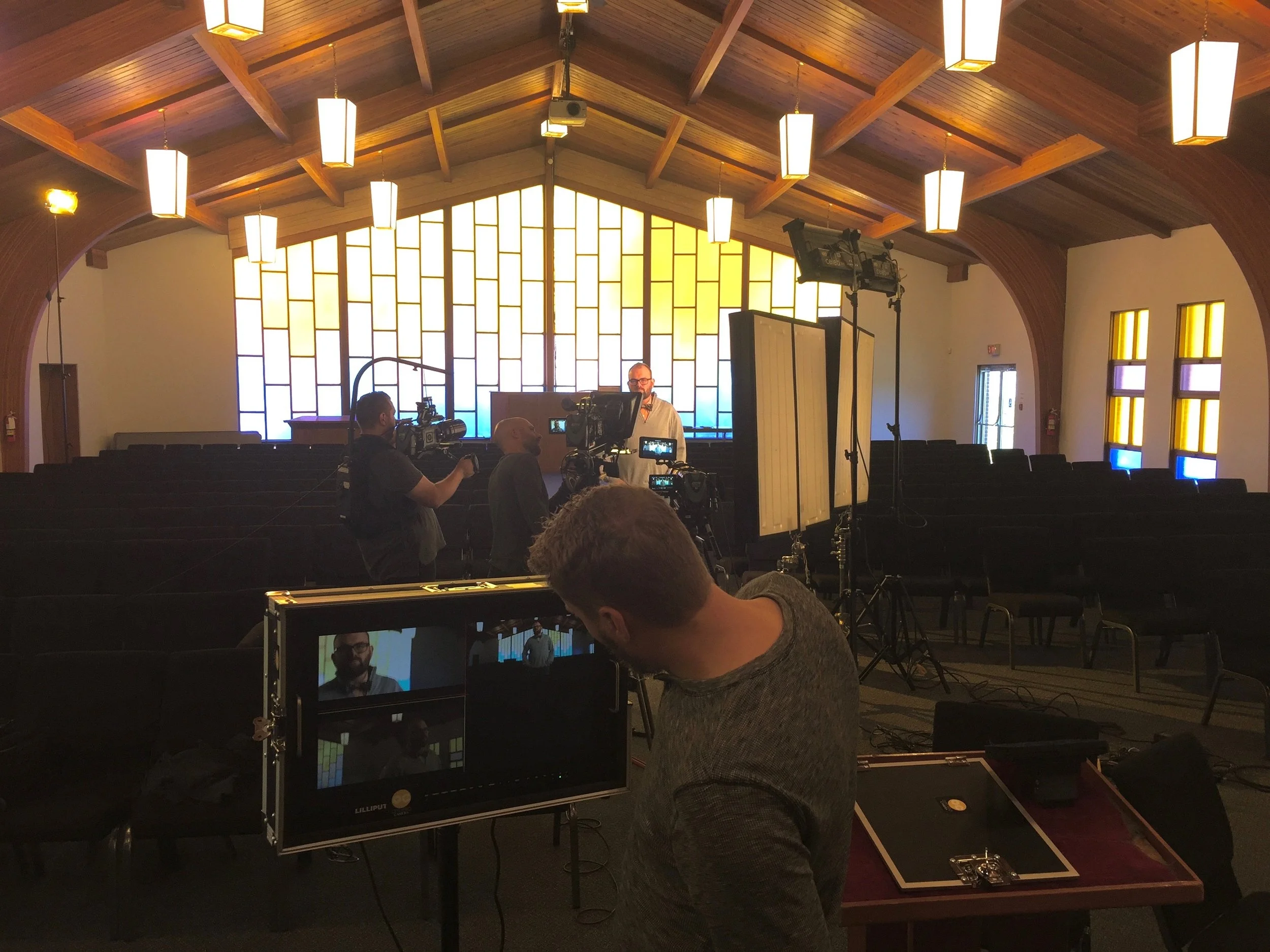 Jon filming a segment for Convergence at a Baptist church.