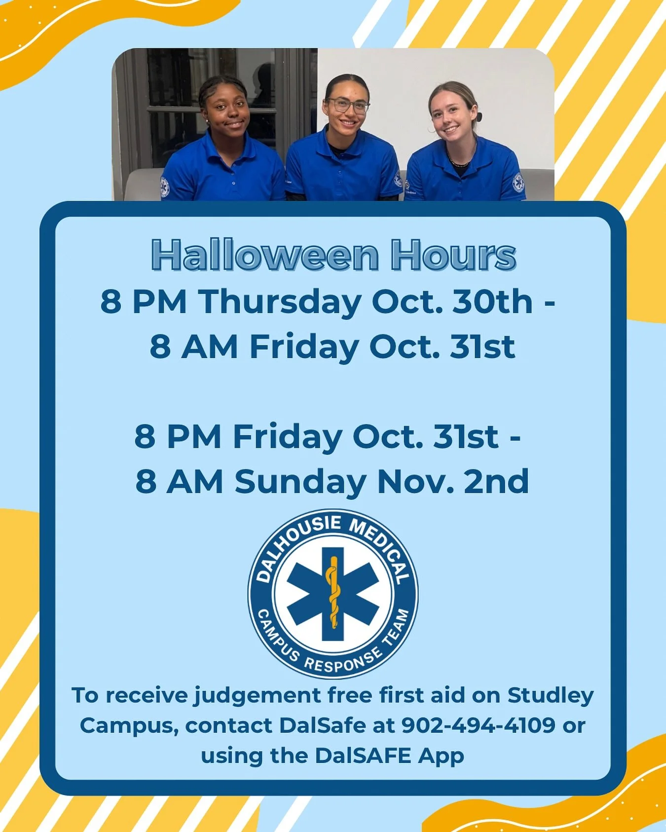 The DMCRT will have an increased response capacity during our regular hours this weekend! The DMCRT provides free, non-judgmental medical and mental health first aid on Studley campus! We are available from Thursday at 8 pm to Friday at 8 am and Frid