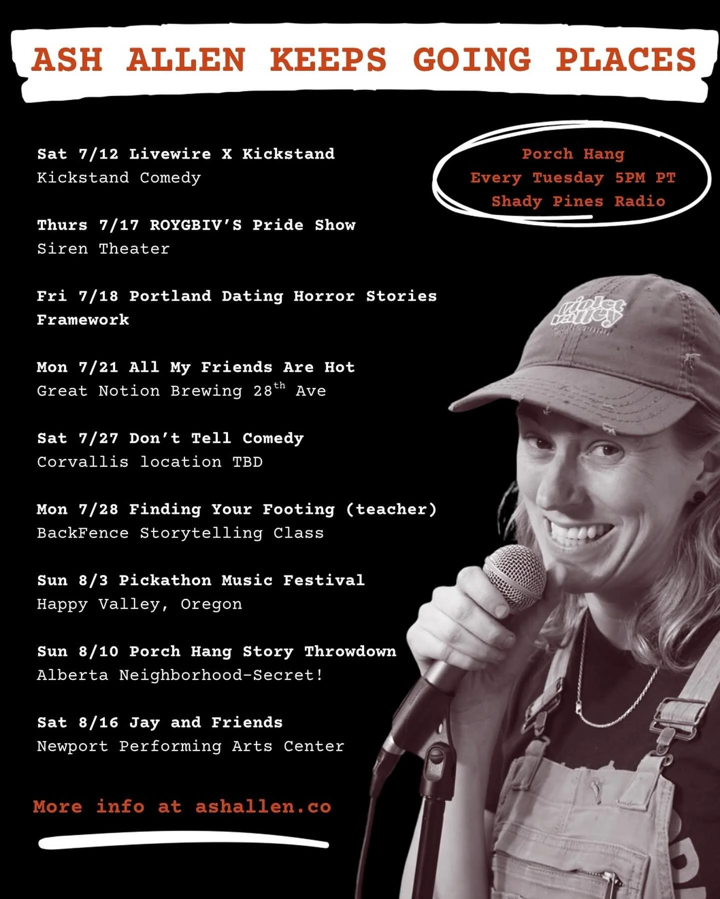 HI THERE! There are some *really* special shows coming up and it would be *cool* if you came! From the Woods stage at @pickathon sharing a preview of my upcoming solo show, to co-hosting the return of @roygbiv_comedy, I feel grateful doing the things