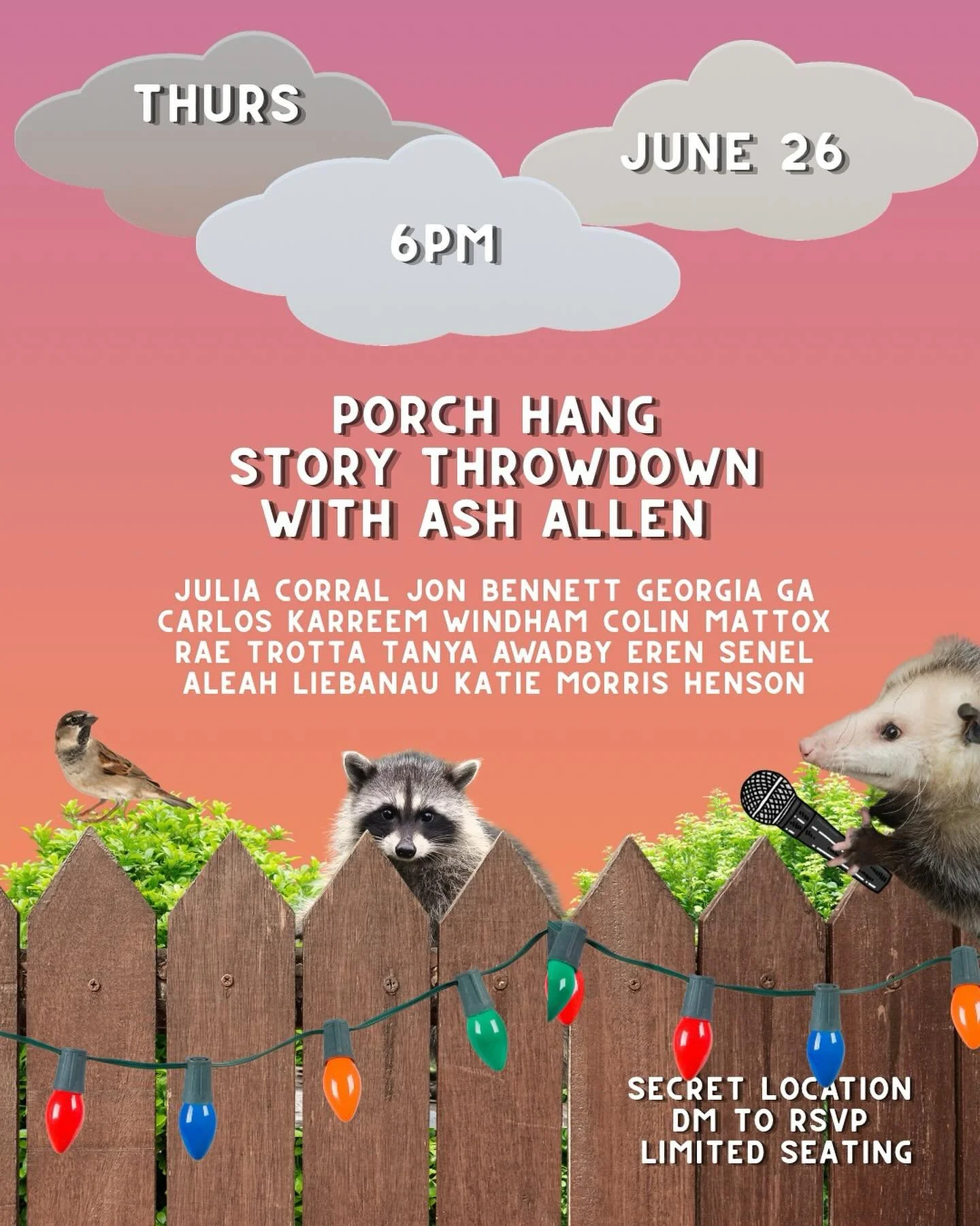 It&rsquo;s almost here! The first @porch_hang story throw down is Thurs 6/26 and holy smokes what a killer lineup! DM to RSVP&mdash;10 seats remain available. Goose and I are so excited to see you! If you can&rsquo;t make the show, there will be more