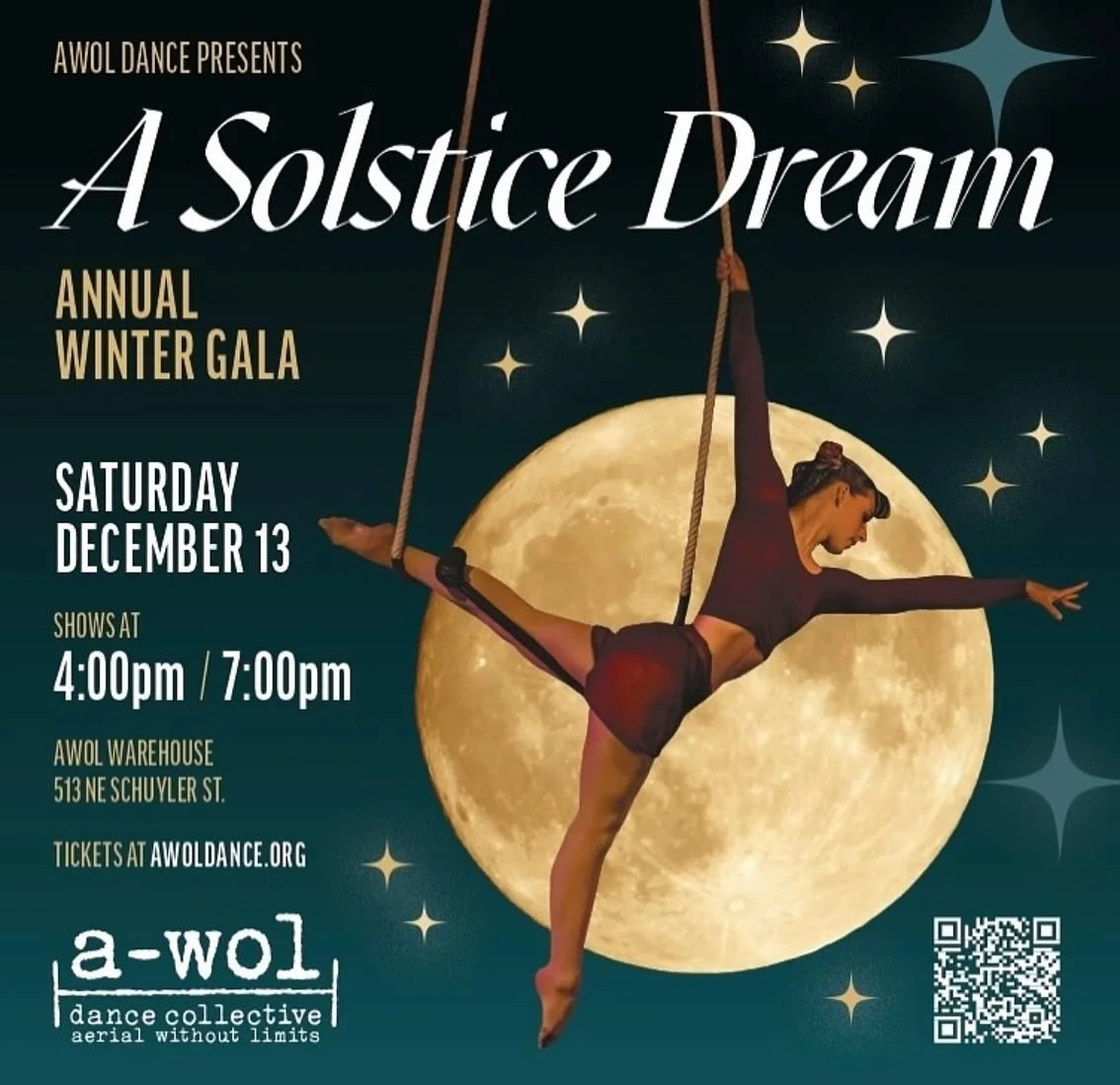 I&rsquo;m honored to host the @awol_flyco Annual Winter Gala tomorrow (Sat 12/13)&mdash;it&rsquo;s going to be very special, with incredible acts from @silk.wraith @awol_flyco @circusrosepdx @awol_flyco and more. Two shows, two chances to be blown aw