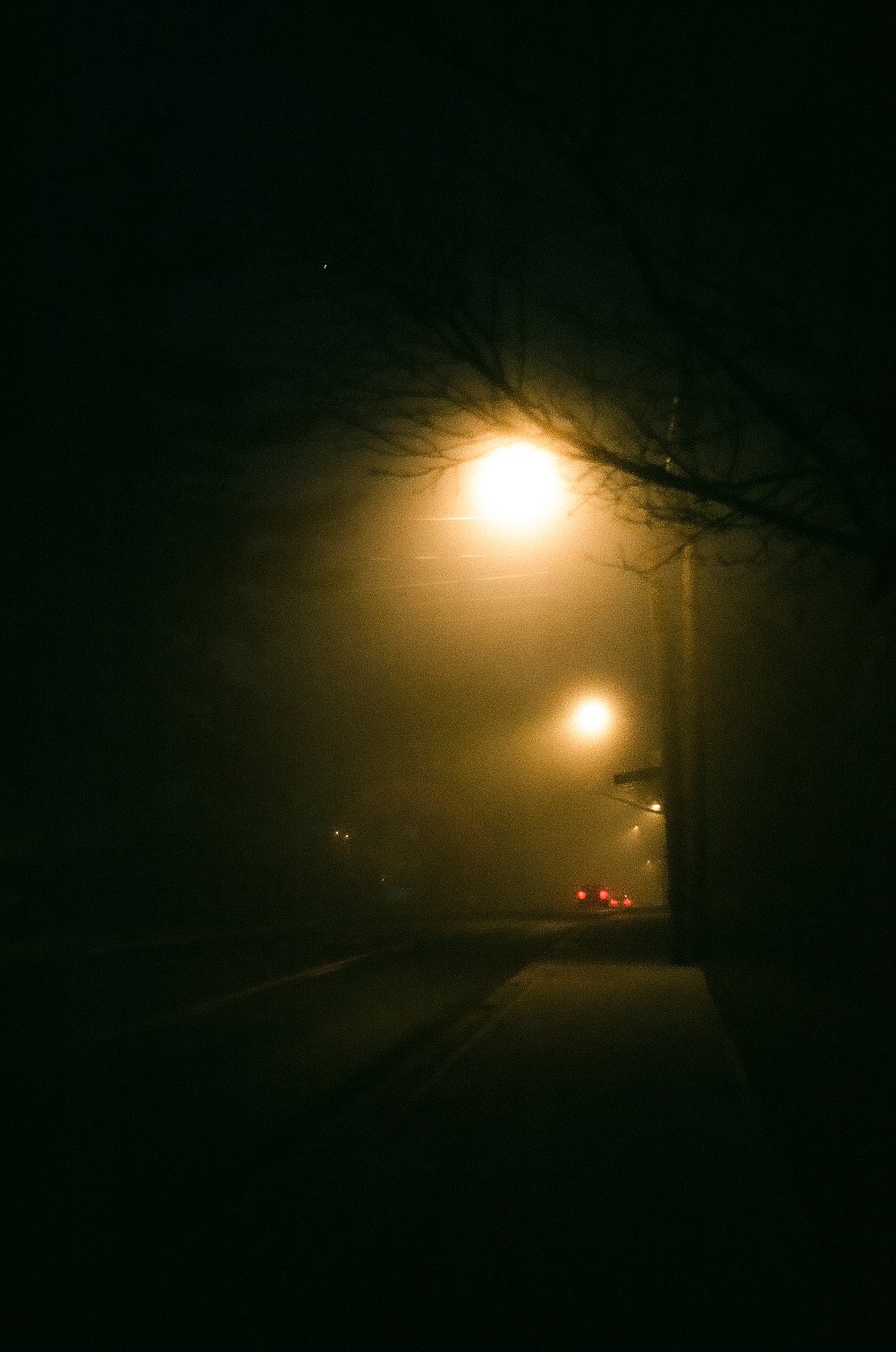  A foggy view down the street at night, Ontario 