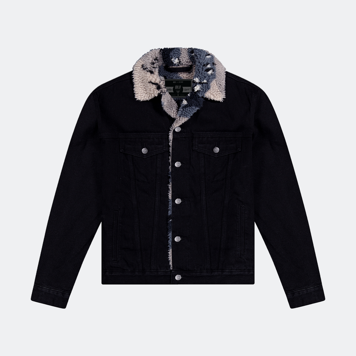 Sherpa Trucker Jacket in Jet Black / Blueberry Choco Chip™ (QILO x