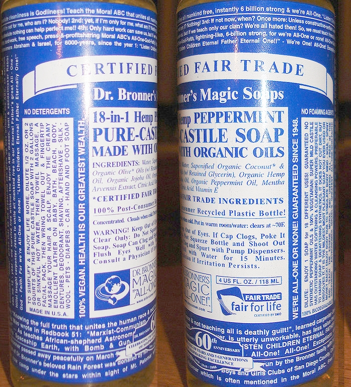 Dr. Bronner soap -- perfect for cleaning. Image credit .