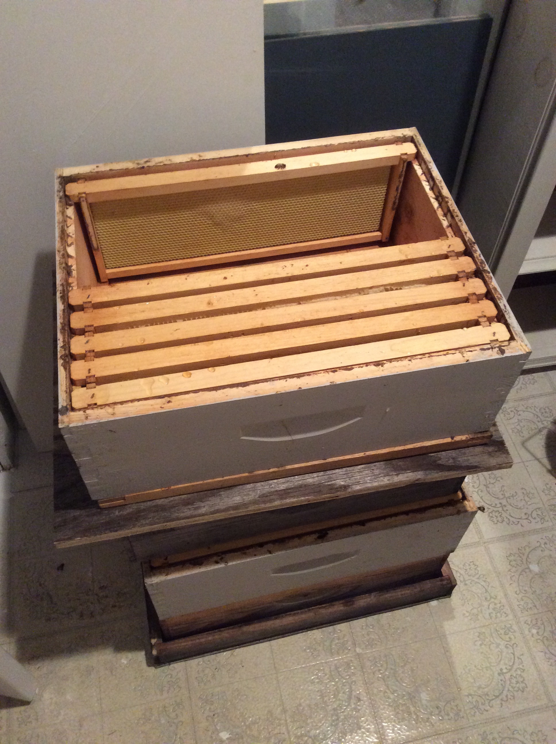 Here are 4 honey supers stacked and waiting to be de-capped and extracted.