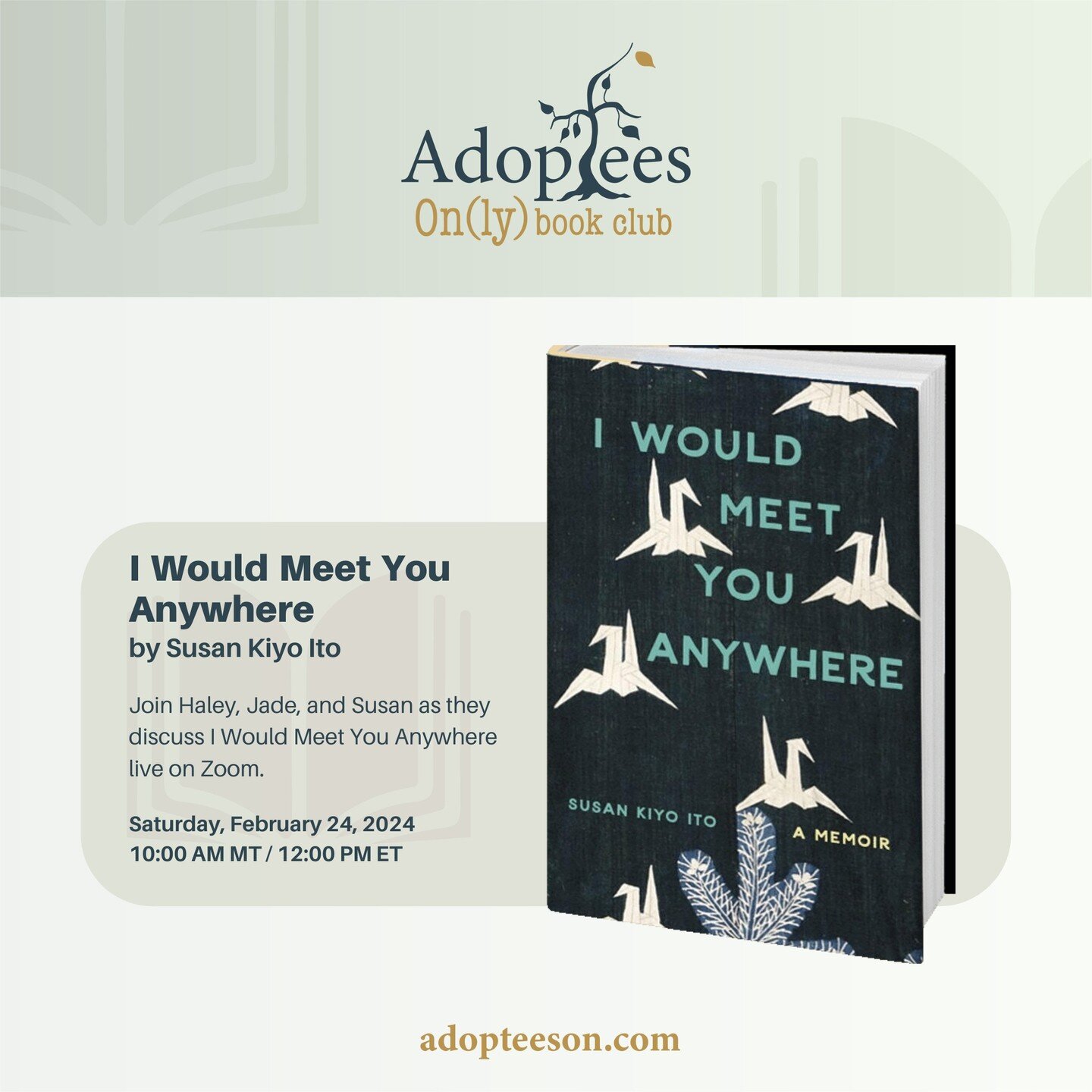 Join us for our live February Adoptees On(ly) Book Club discussion with Haley Radke, Jade Henness, and Susan Kiyo Ito as we discuss I Would Meet You Anywhere.

This is a live Zoom event, the audio will be recorded and shared in the Patreon podcast fe