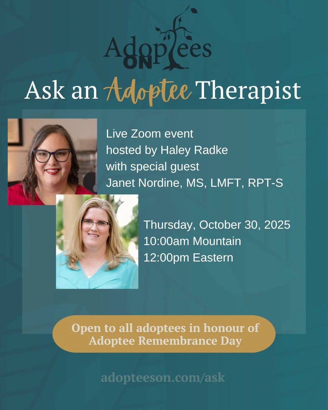 It's our Ask an Adoptee Therapist event! This month, we are meeting on Adoptee Remembrance Day, October 30, 2025, and to honour the adoptee community, we are opening our doors to any adopted person to join us live. Register right here: https://www.ad