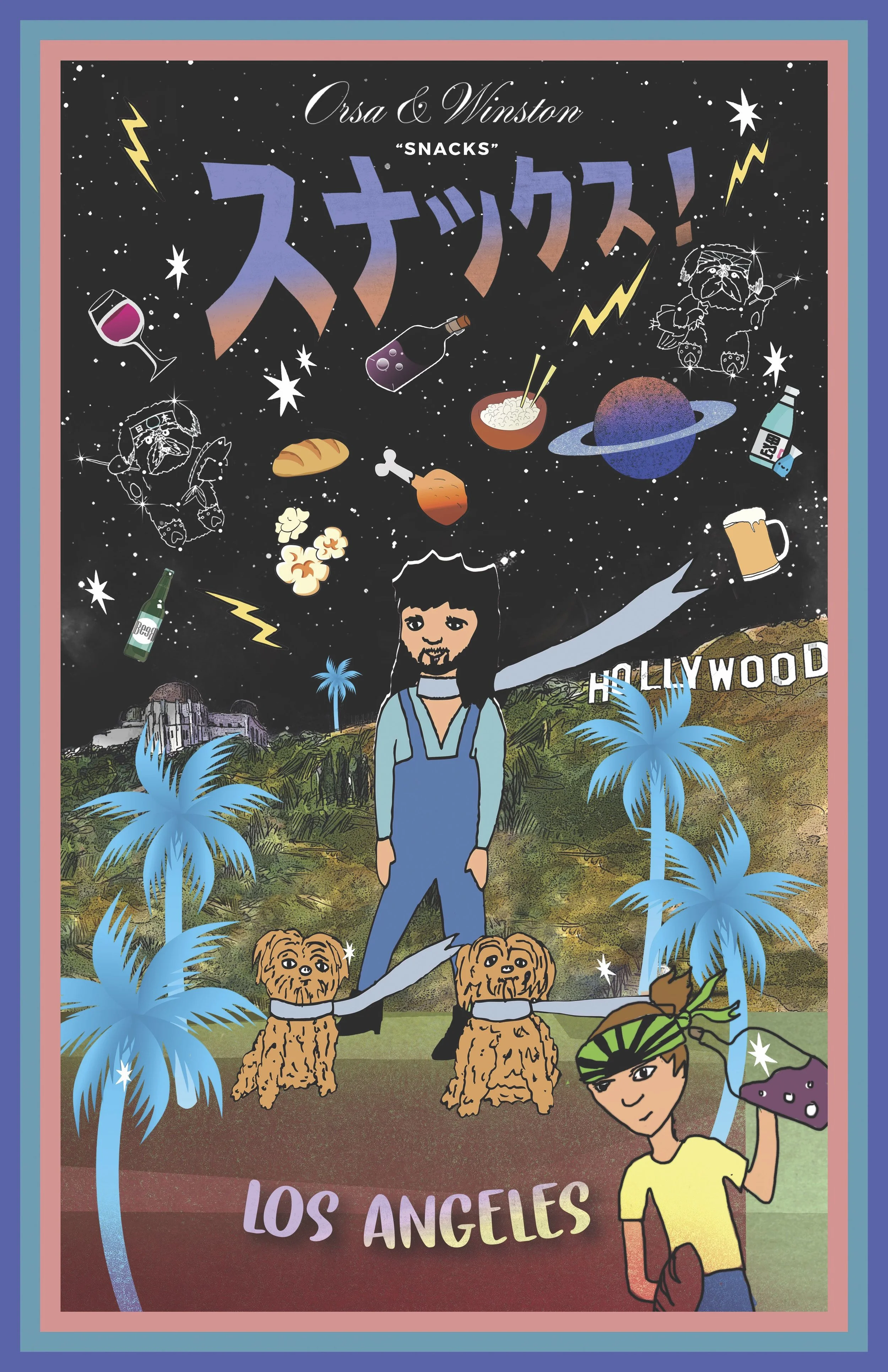The snacks cosmos: chef Josef Centeno with his dogs Bear and Winston in the Hollywood Hills, along with snacks and drinks. An illustration.