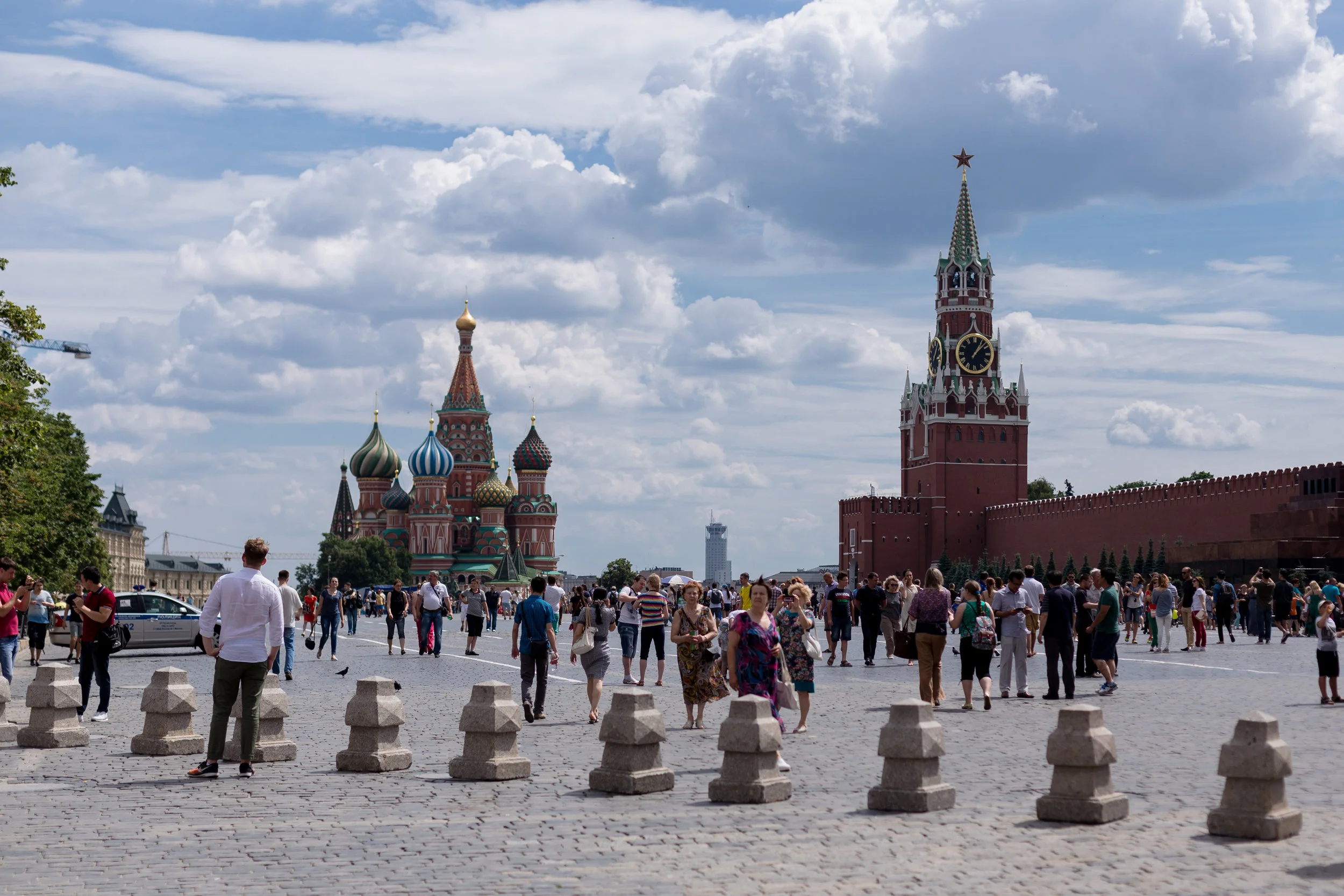 The most famous place in Moscow (and probably Russia), The Red Square. The church on the left is St. Basils Cathedral and the tower and the wall on the right is the Kremlin.