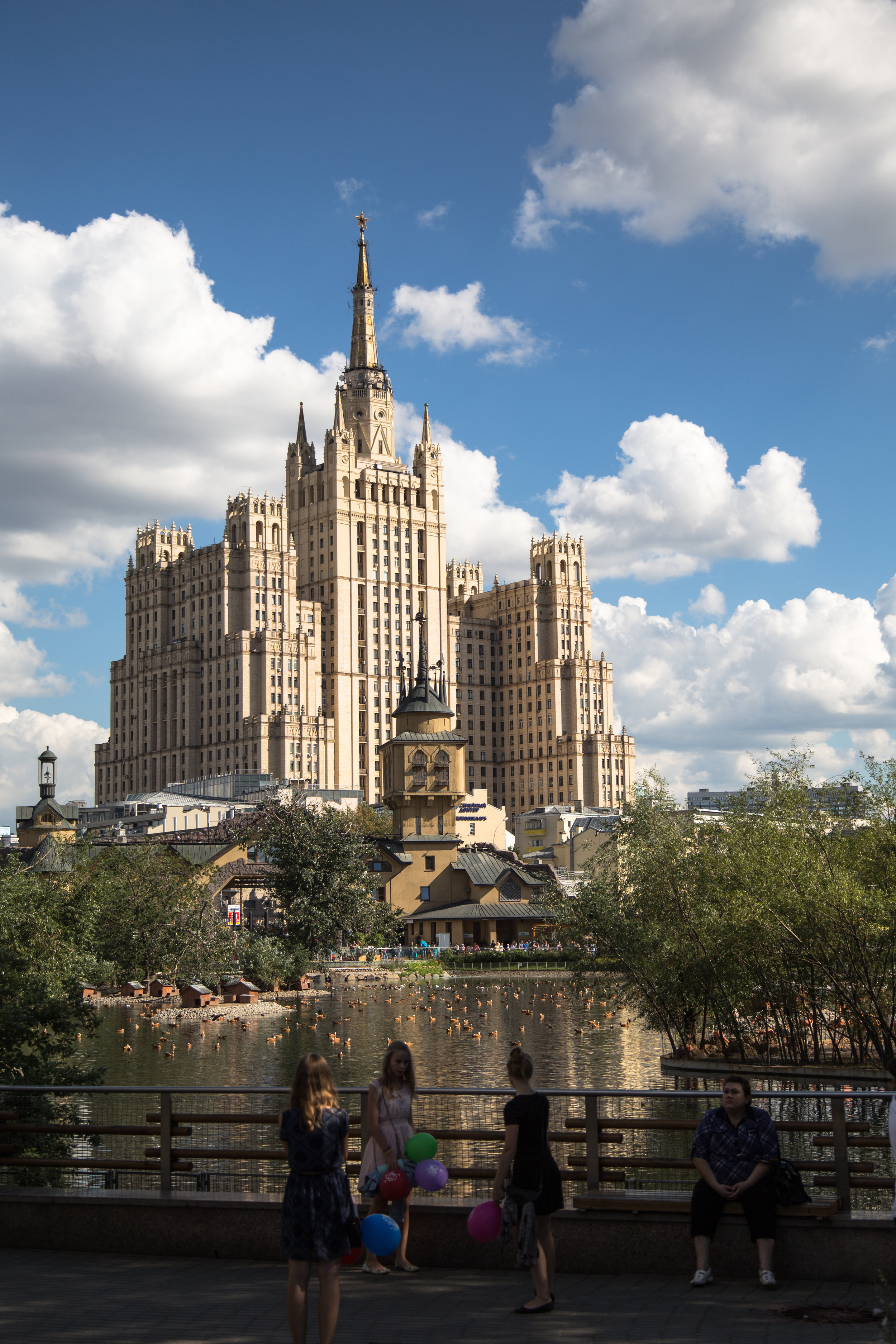The old, big, tall, and Soviet building that's seen from the Moscow Zoo. Buildings like these were build during Joseph Stalin's rule. Most of them used to house Soviet elites, now they are prime real estate and luxurious hotels.