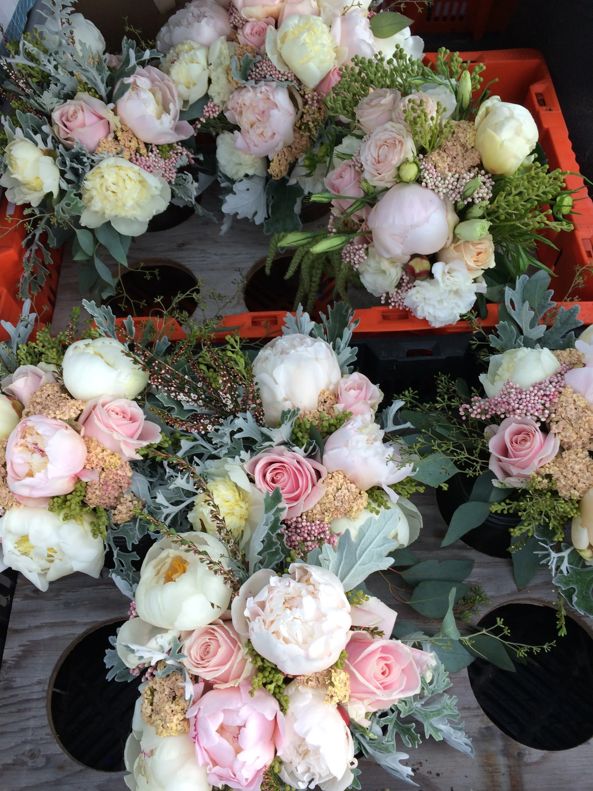 Wedding party flowers, packed and ready for a (protected) boat ride across the Bay!