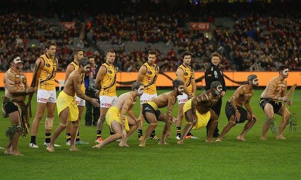 The Richmond Korin Gamadji Institute dancers performing the War Cry for the Richmond players at the Dreamtime at the G game.