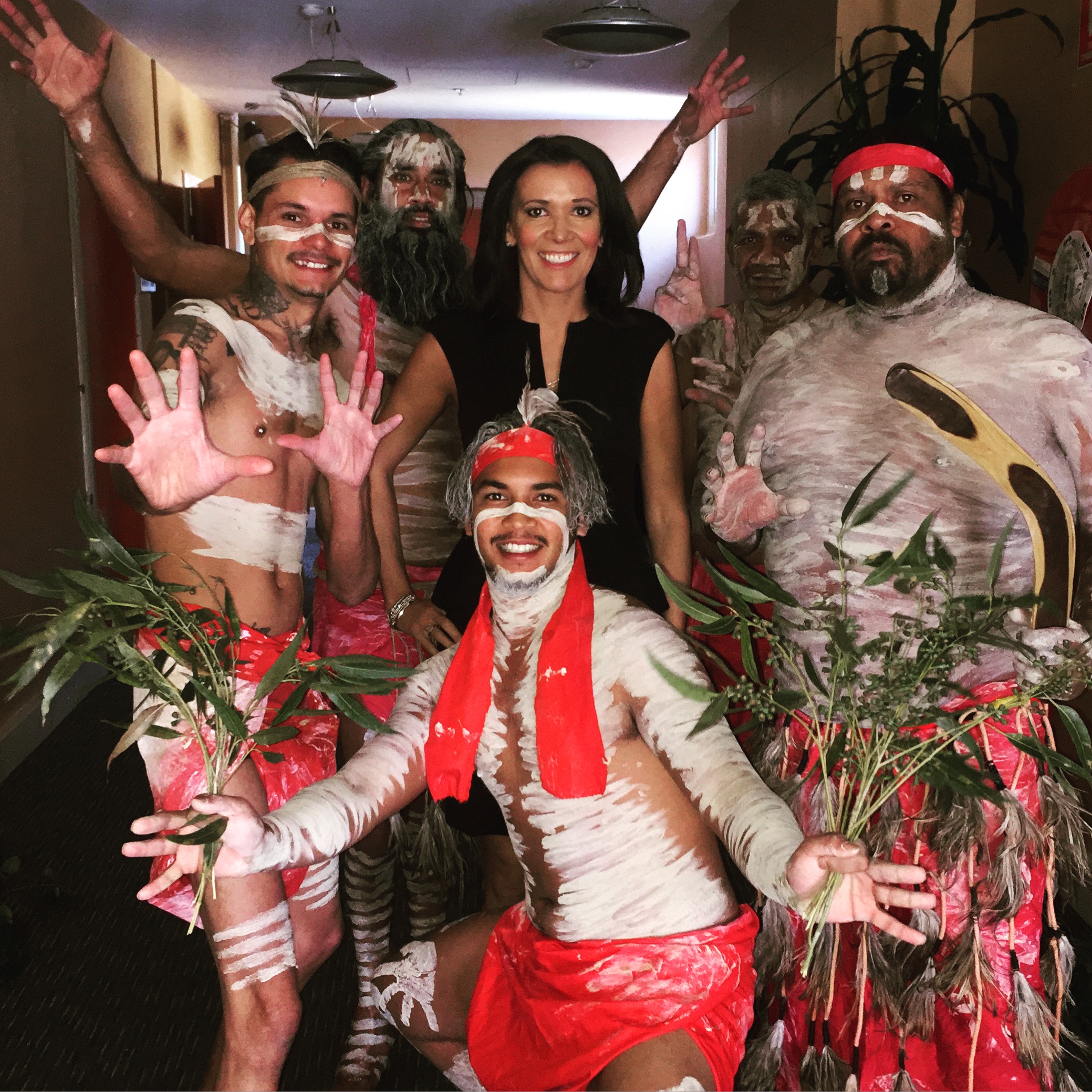 Shelley Ware with the amazing Koomurri Dancers at the Media Launch for the Toyota AFL Sir Doug Nicholl's Indigenous Round.