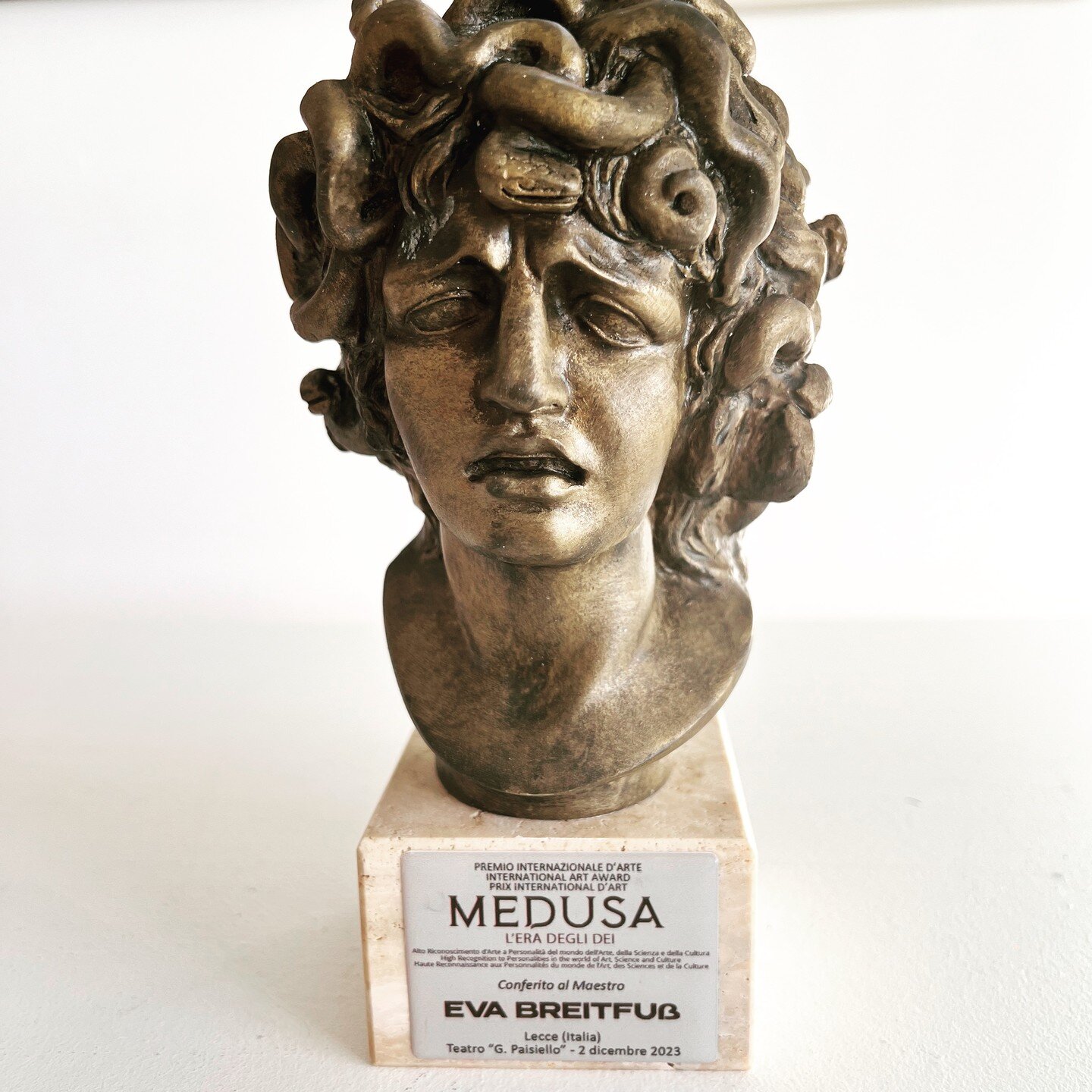 I feel very honored having received this precious award. 
Thank you to ACCADEMIA ITALIA IN ARTE NEL MONDO.
The High International Recognition of Contemporary Art &quot;MEDUSA&quot;, THE ERA OF THE GODS 2023, was awarded to the Recipients, with the fo