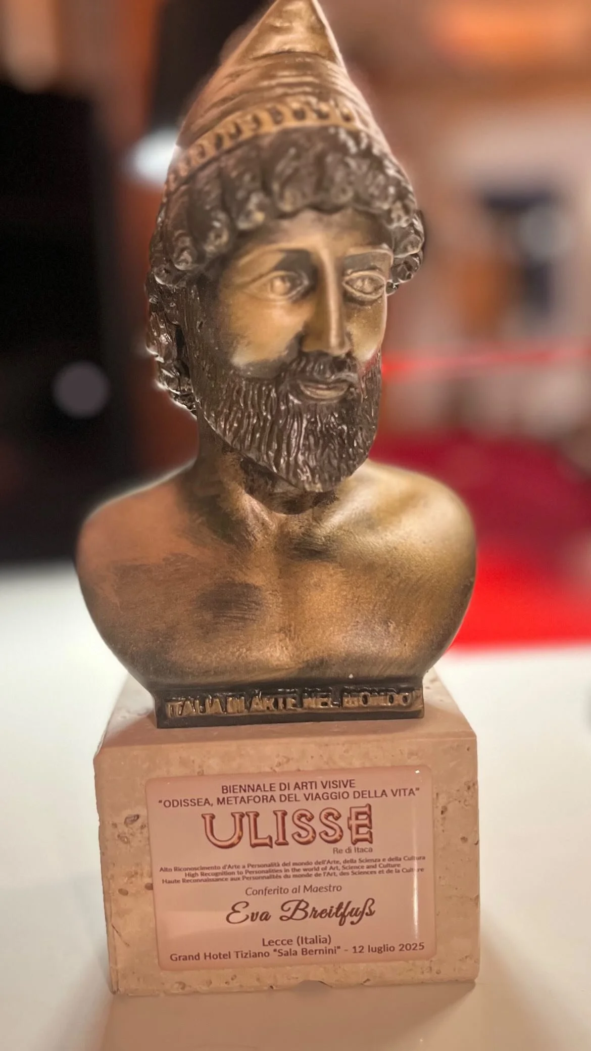 Many thanks to Accademia Italia in Arte nel Mondo for the recognition and the awarding of the High Recognition
ULYSSES - King of Ithaca,
I received in July this year in Lecce, Italy at the Biennial of Visual Arts
„ODYSSEY, A METAPHOR FOR THE J