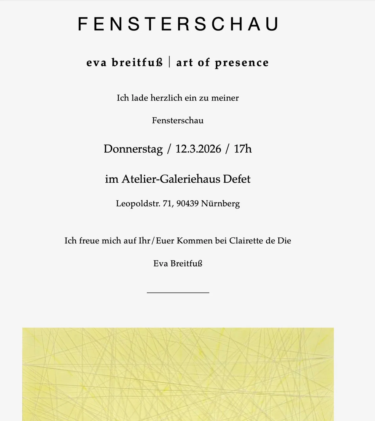 F E S T E R S C H A U &mdash; Donnerstag 12/3/2026 @atelier_und_galeriehaus_defet 
@breitfusseva 

#artwindow #atelierundgaleriehausdefet #contemporaryart #contemporaryartist #breitfusseva
