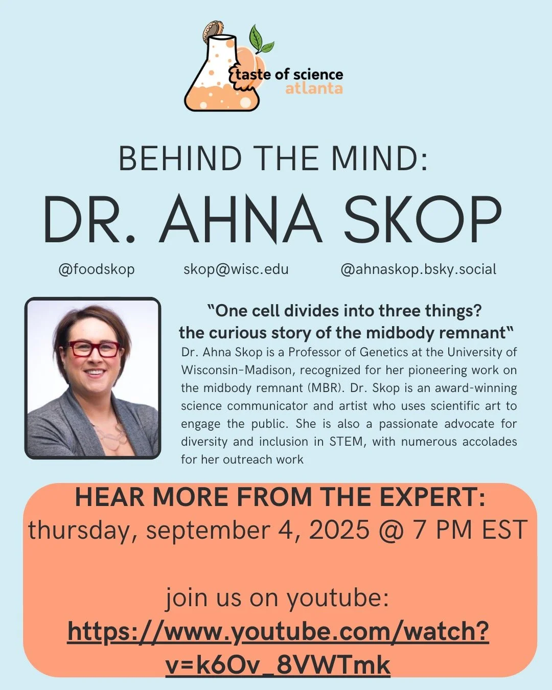 Hello everyone! Tonight we kick off our first event with Dr. Ahna Skop! Please join us through the following link: https://www.youtube.com/watch?v=k6Ov_8VWTmk